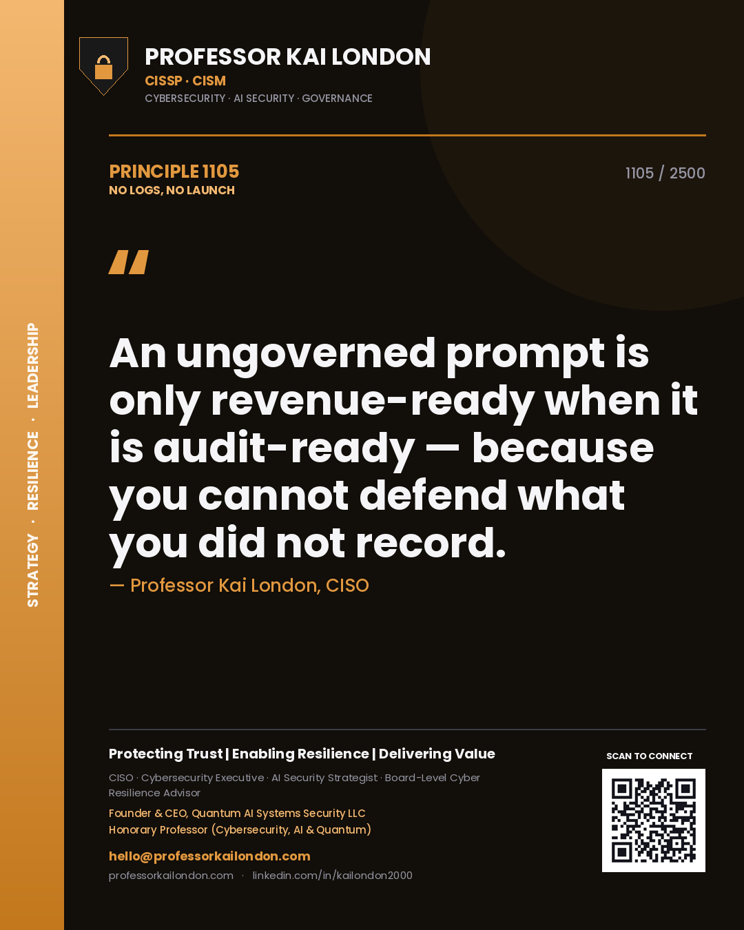 Quote card by Professor Kai London reading 'An ungoverned prompt is only revenue-ready when it is audit-ready — because you cannot defend what you did not record.'. From the book No Logs, No Launch.