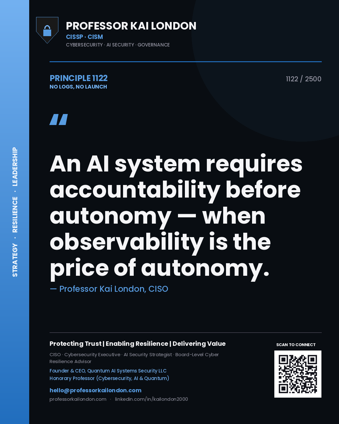 Professor Kai London principle 1122: An AI system requires accountability before autonomy — when observability is the price of autonomy.