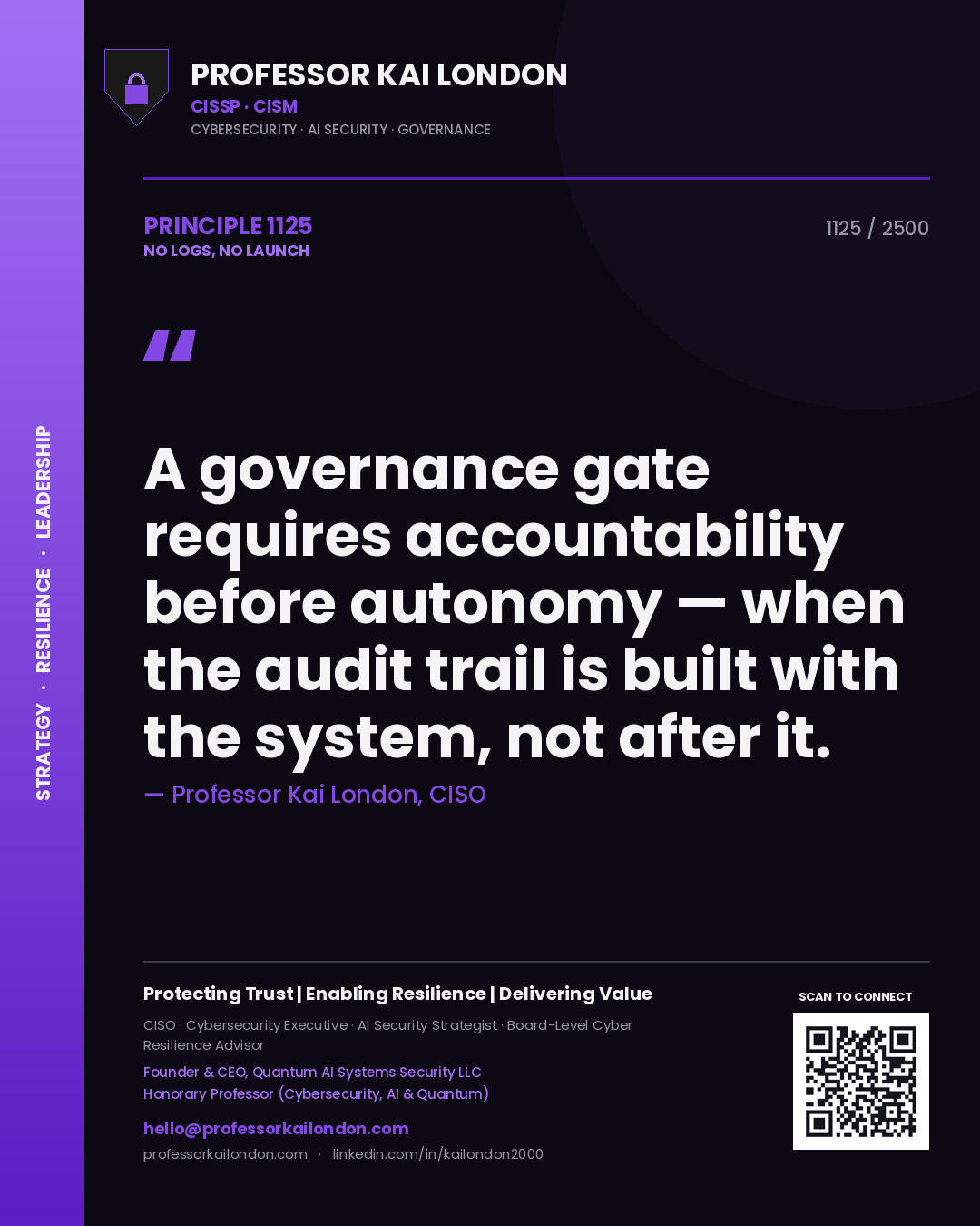 Quote card by Professor Kai London reading 'A governance gate requires accountability before autonomy — when the audit trail is built with the system, not after it.'. From the book No Logs, No Launch.