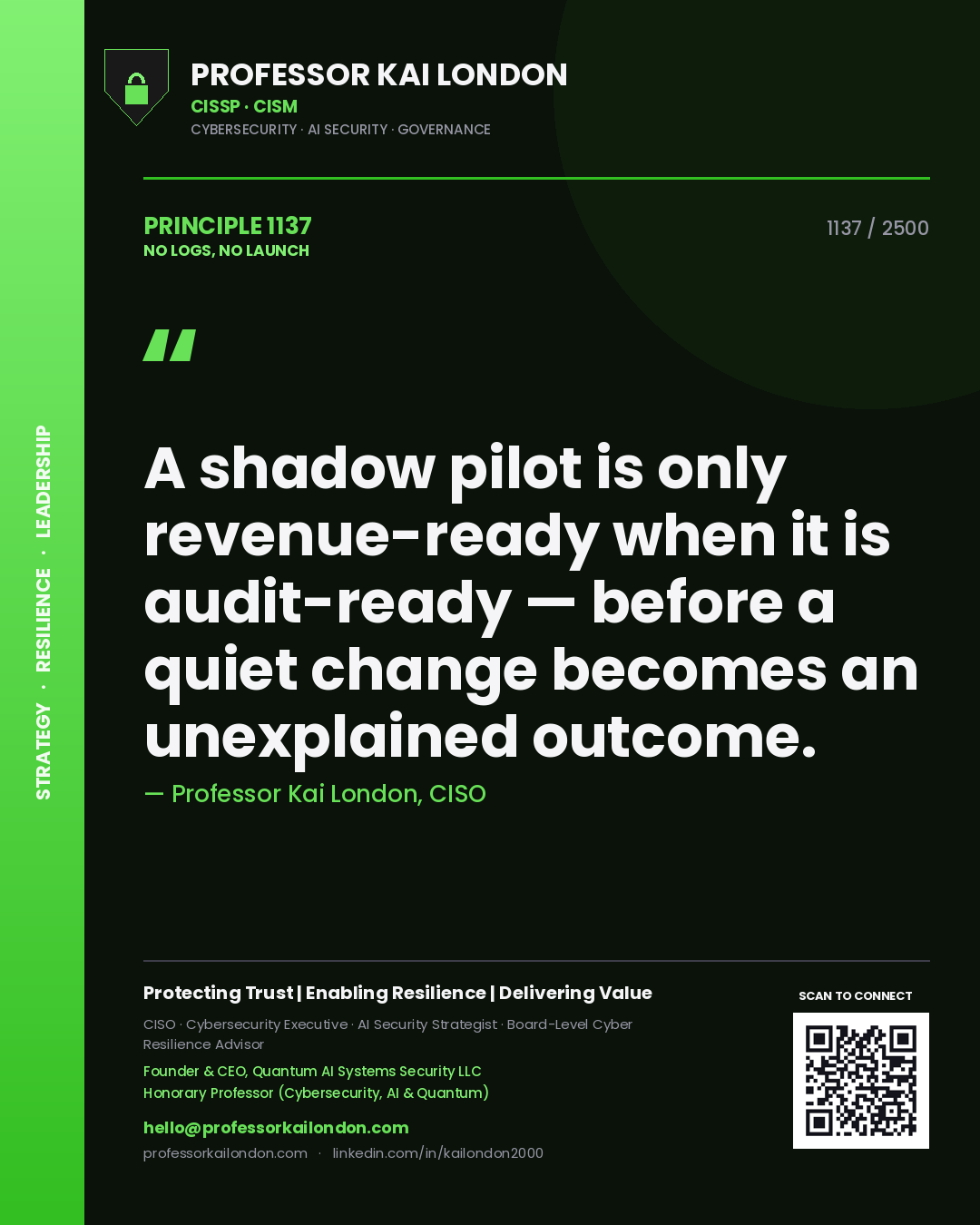 Professor Kai London principle 1137: A shadow pilot is only revenue-ready when it is audit-ready — before a quiet change becomes an unexplained outcome.