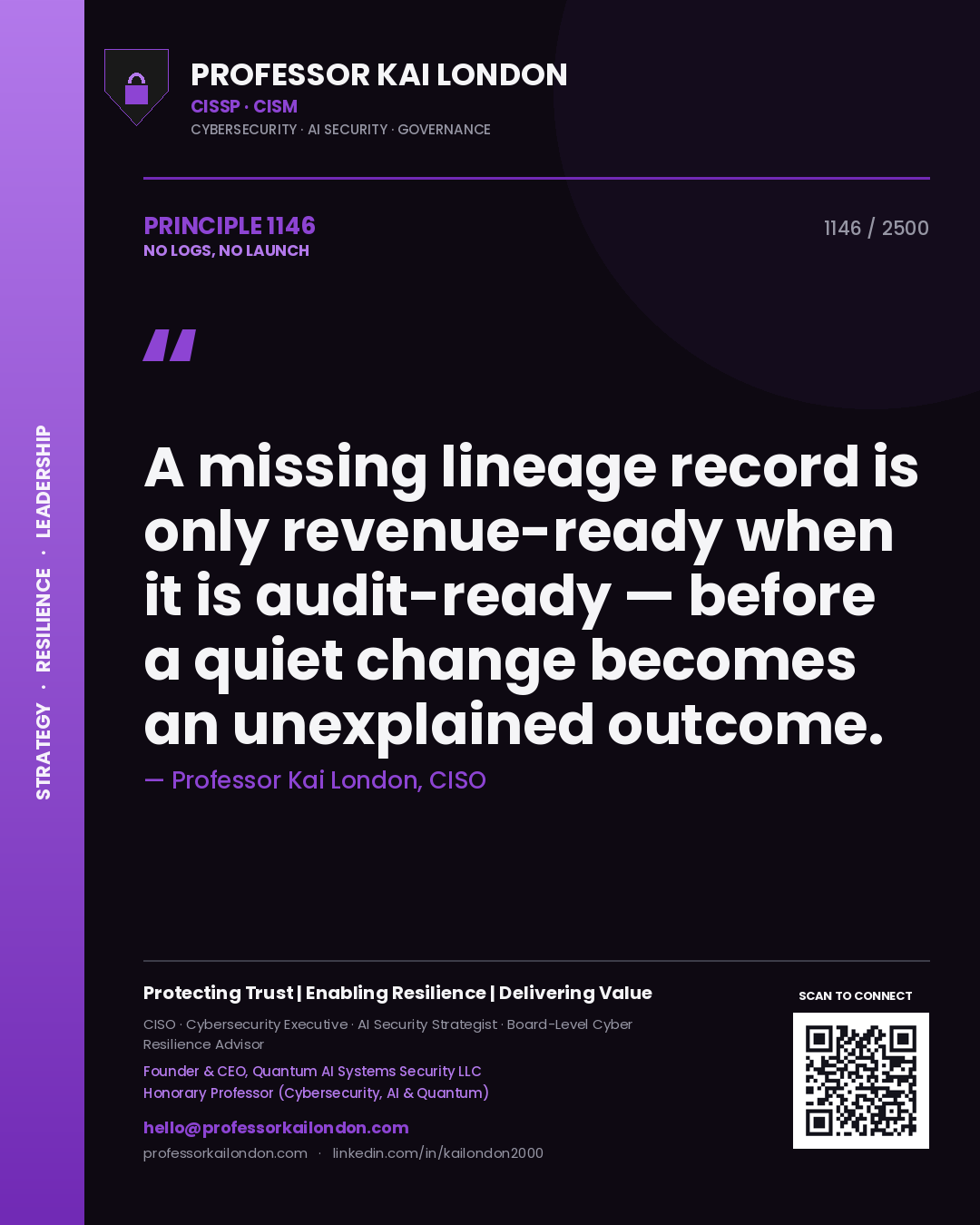 Professor Kai London principle 1146: A missing lineage record is only revenue-ready when it is audit-ready — before a quiet change becomes an unexplained outcome.