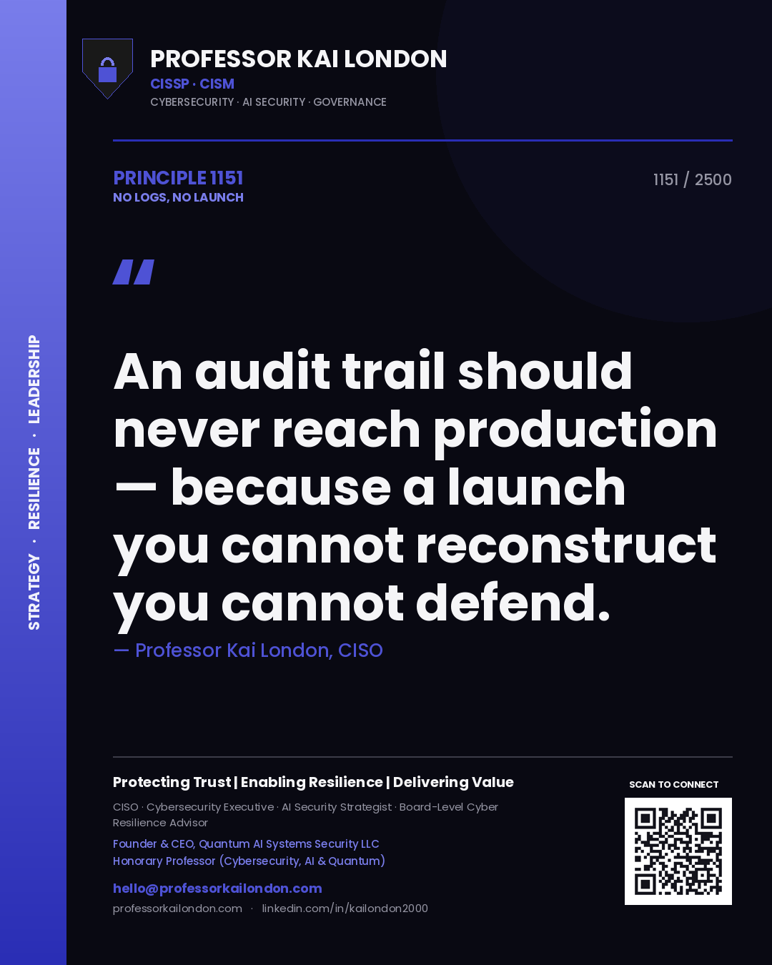 Quote card by Professor Kai London reading 'An audit trail should never reach production — because a launch you cannot reconstruct you cannot defend.'. From the book No Logs, No Launch.