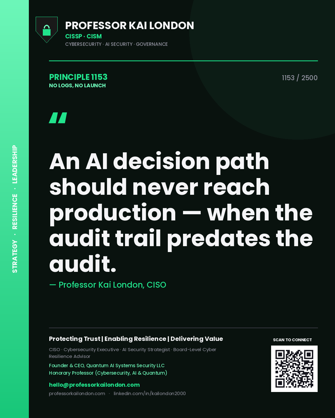 Quote card by Professor Kai London reading 'An AI decision path should never reach production — when the audit trail predates the audit.'. From the book No Logs, No Launch.