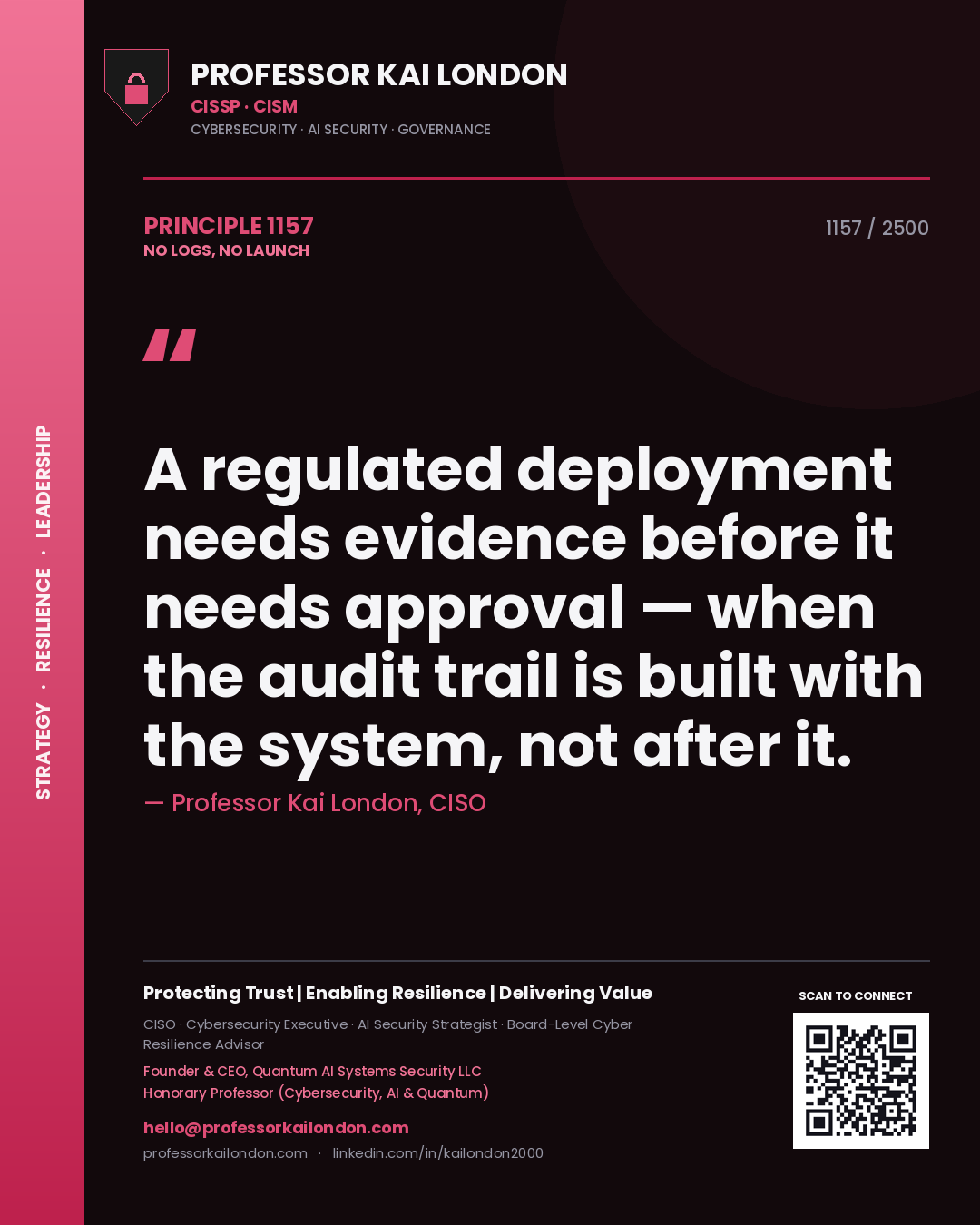 Professor Kai London principle 1157: A regulated deployment needs evidence before it needs approval — when the audit trail is built with the system, not after it.