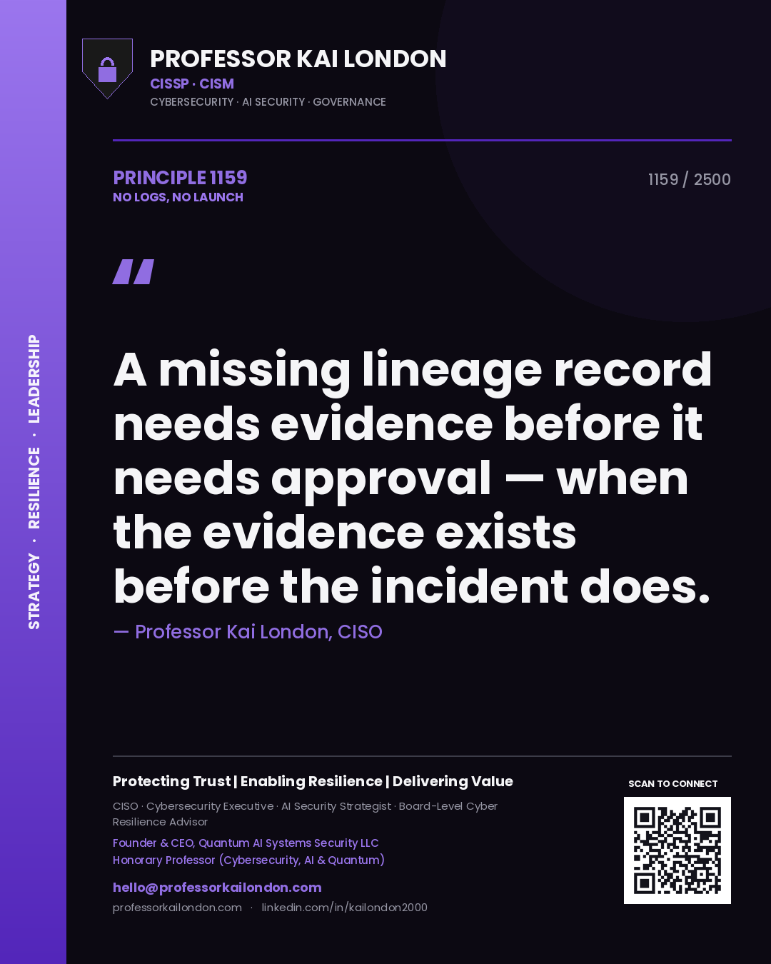 Quote card by Professor Kai London reading 'A missing lineage record needs evidence before it needs approval — when the evidence exists before the incident does.'. From the book No Logs, No Launch.