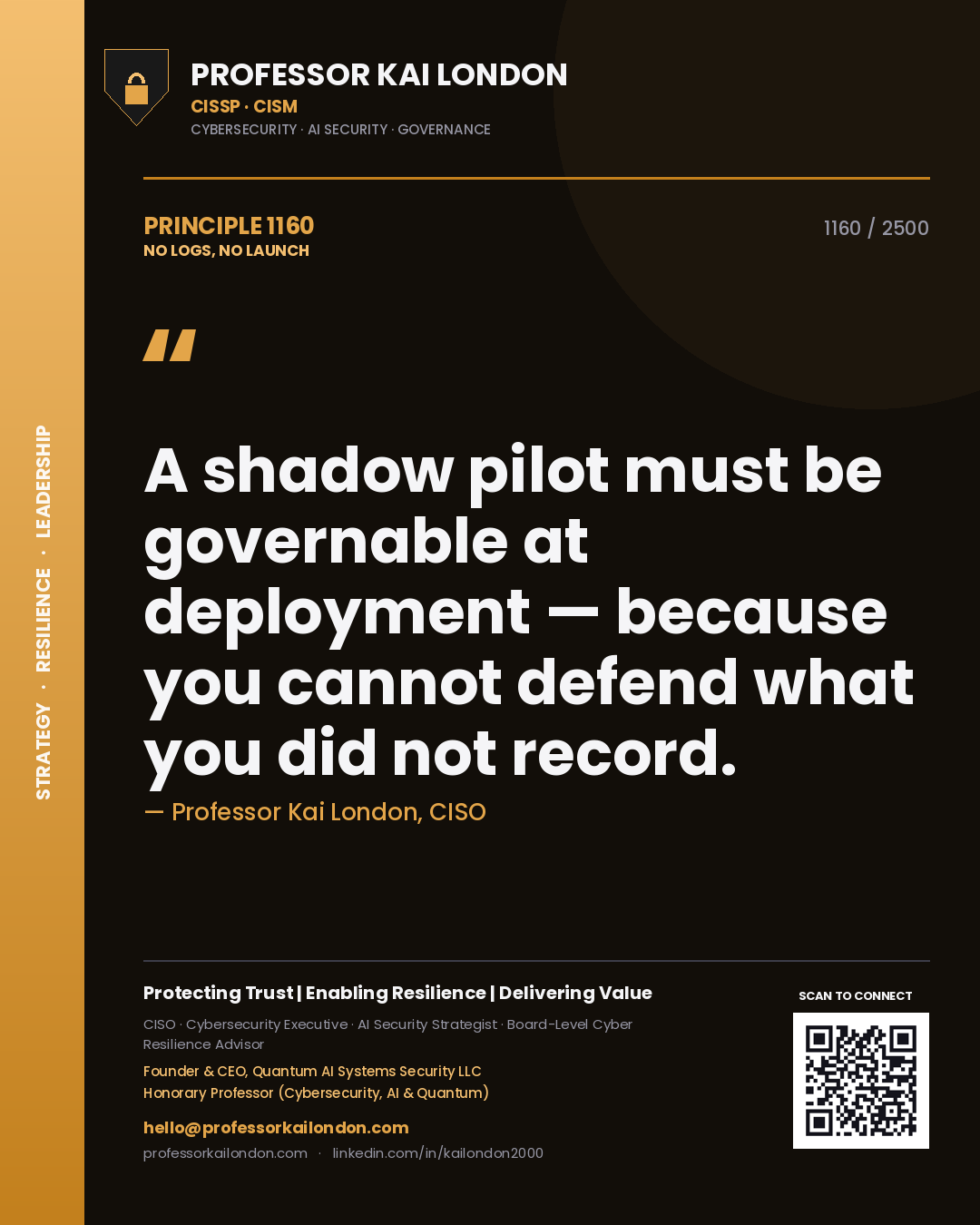 Quote card by Professor Kai London reading 'A shadow pilot must be governable at deployment — because you cannot defend what you did not record.'. From the book No Logs, No Launch.