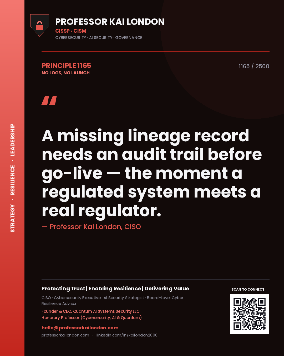 Quote card by Professor Kai London reading 'A missing lineage record needs an audit trail before go-live — the moment a regulated system meets a real regulator.'. From the book No Logs, No Launch.