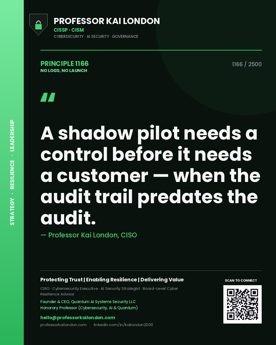 Professor Kai London principle 1166: A shadow pilot needs a control before it needs a customer — when the audit trail predates the audit.