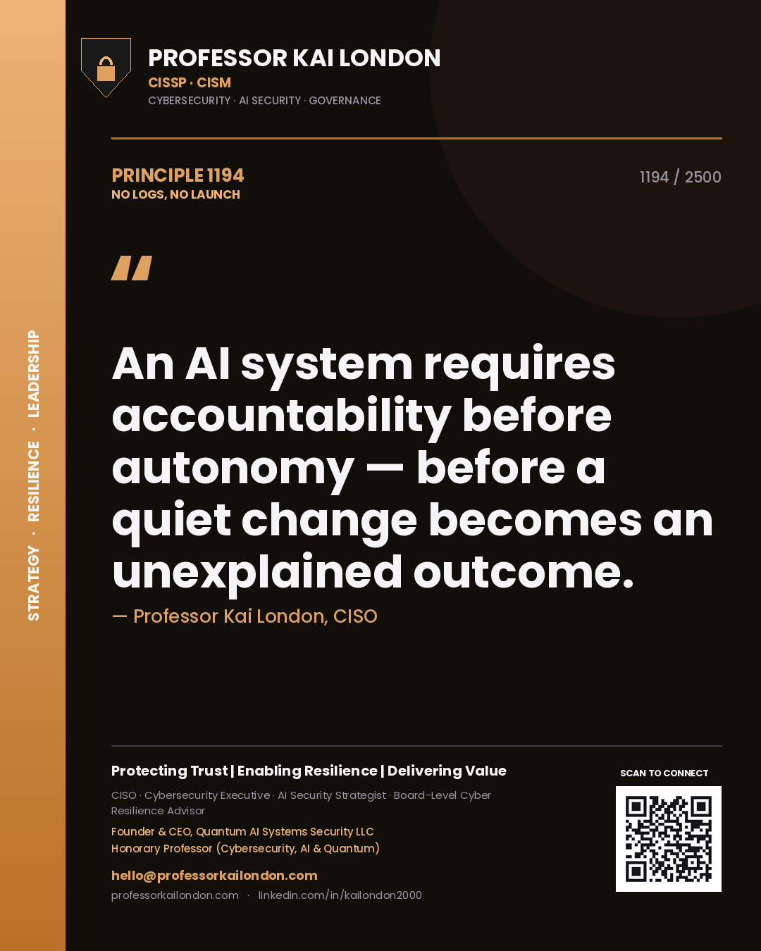 Quote card by Professor Kai London reading 'An AI system requires accountability before autonomy — before a quiet change becomes an unexplained outcome.'. From the book No Logs, No Launch.