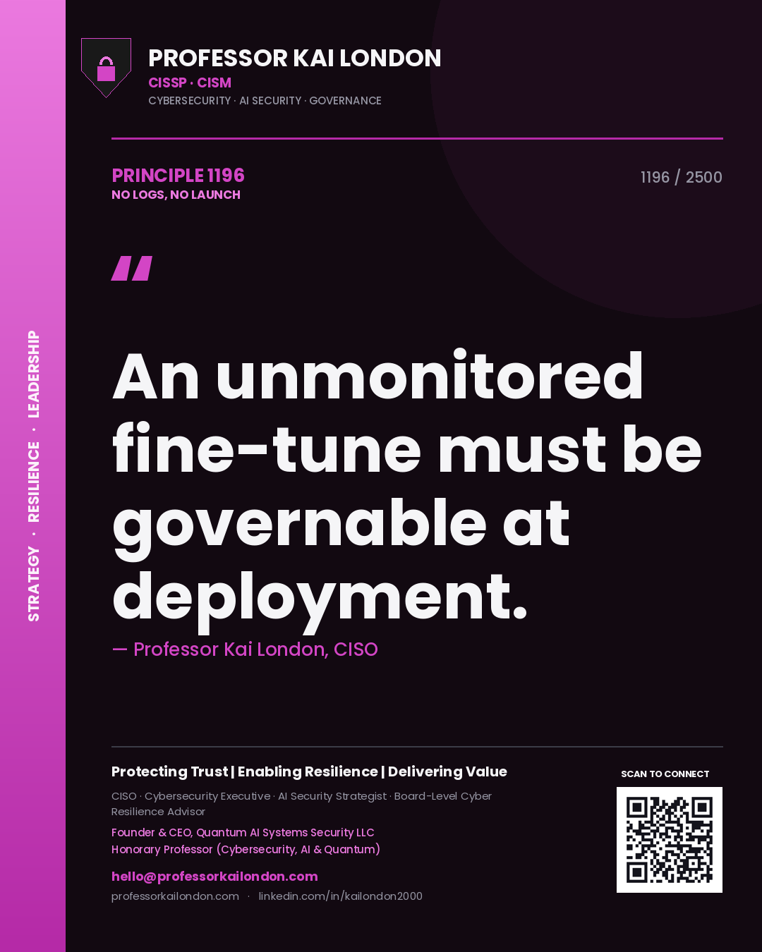 Professor Kai London principle 1196: An unmonitored fine-tune must be governable at deployment.