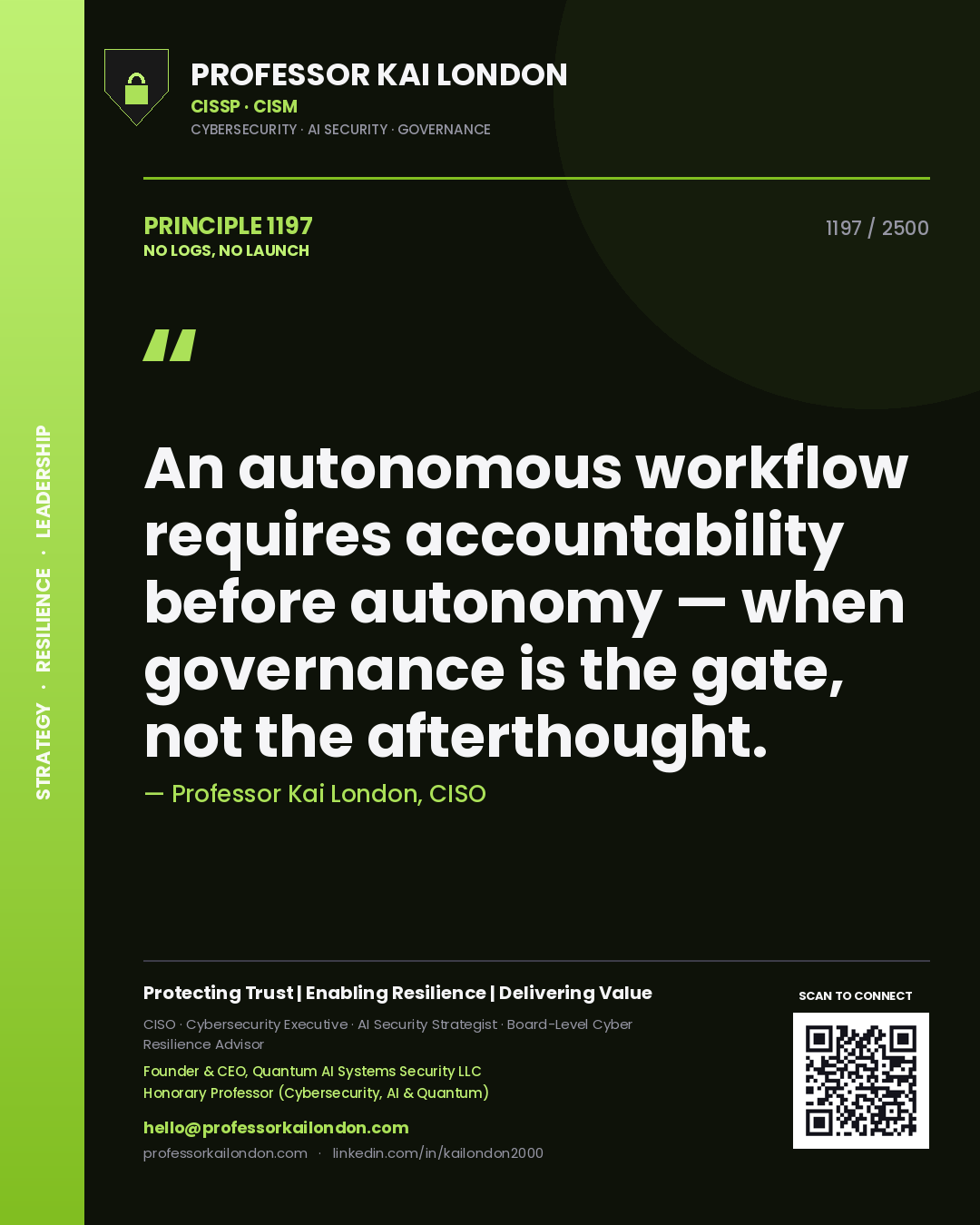 Quote card by Professor Kai London reading 'An autonomous workflow requires accountability before autonomy — when governance is the gate, not the afterthought.'. From the book No Logs, No Launch.