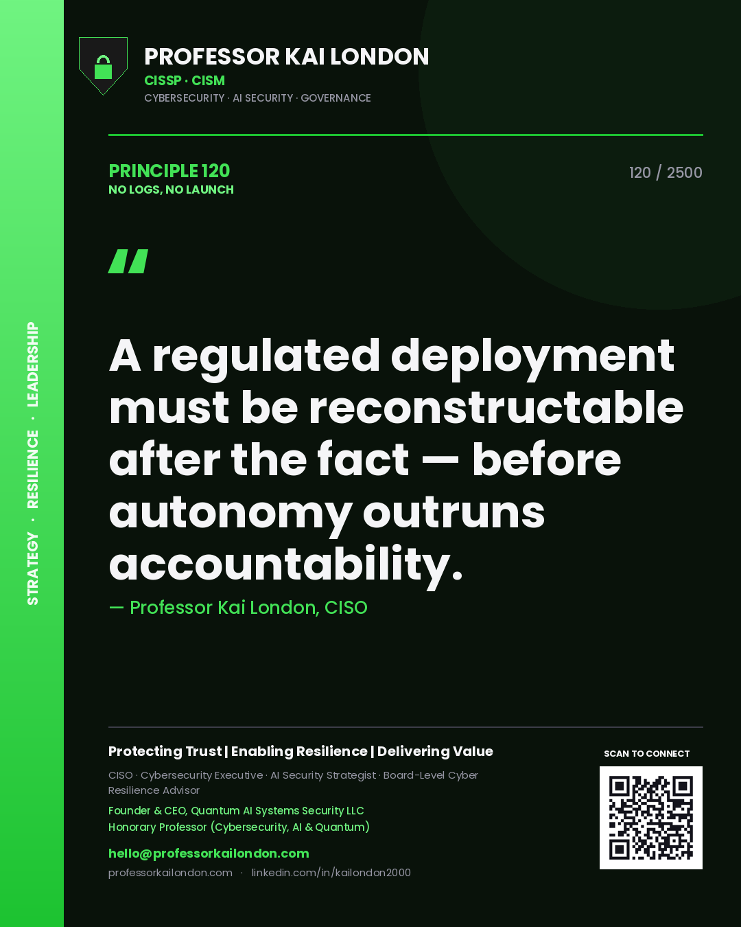 Quote card by Professor Kai London reading 'A regulated deployment must be reconstructable after the fact — before autonomy outruns accountability.'. From the book No Logs, No Launch.