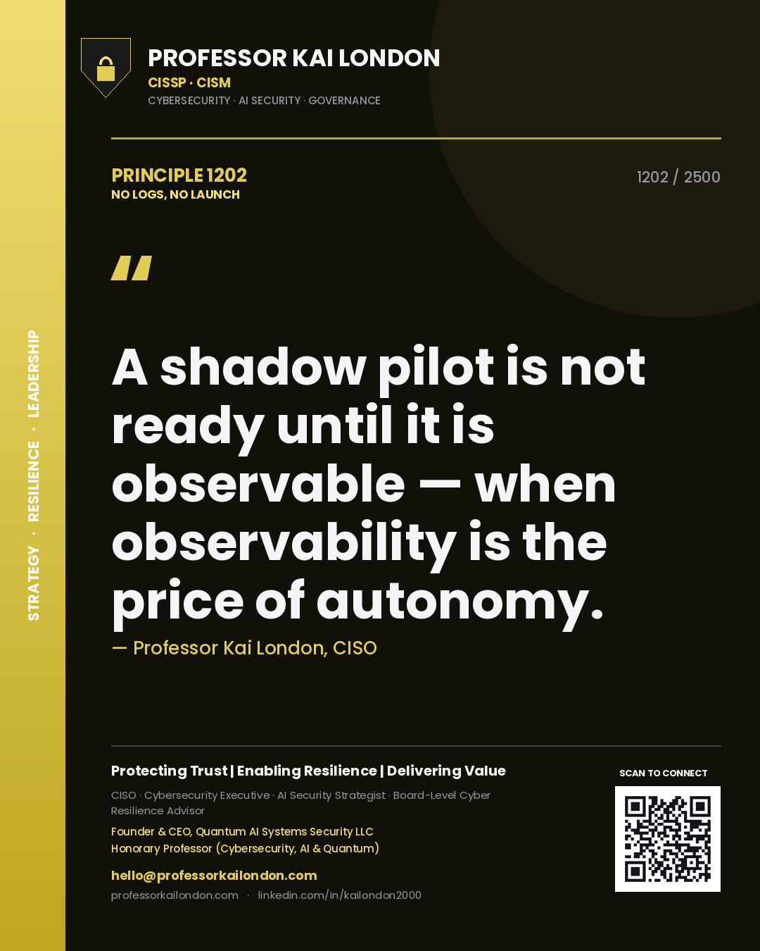 Quote card by Professor Kai London reading 'A shadow pilot is not ready until it is observable — when observability is the price of autonomy.'. From the book No Logs, No Launch.
