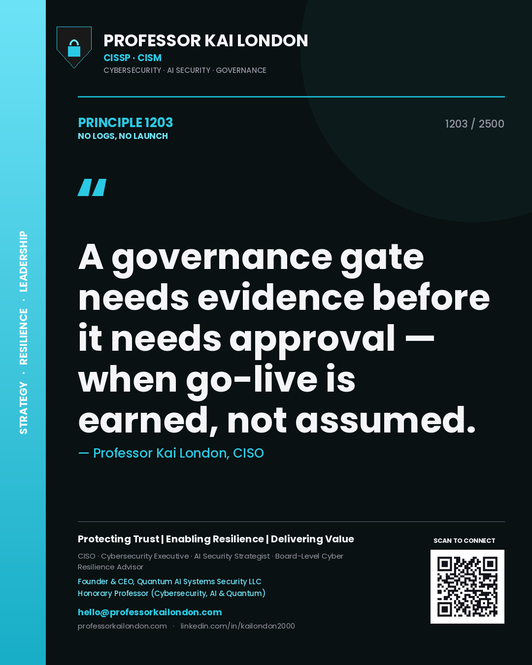 Quote card by Professor Kai London reading 'A governance gate needs evidence before it needs approval — when go-live is earned, not assumed.'. From the book No Logs, No Launch.