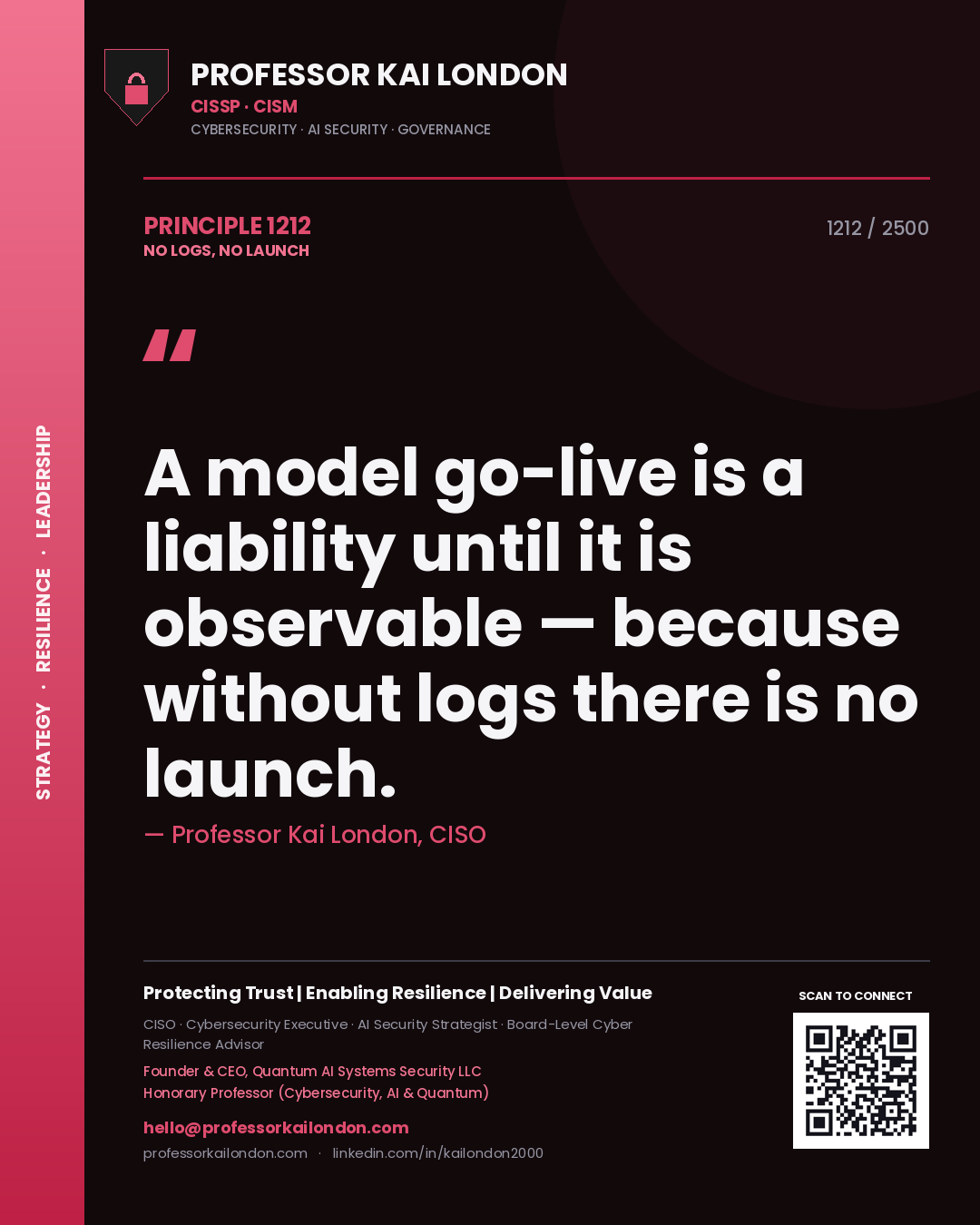Quote card by Professor Kai London reading 'A model go-live is a liability until it is observable — because without logs there is no launch.'. From the book No Logs, No Launch.