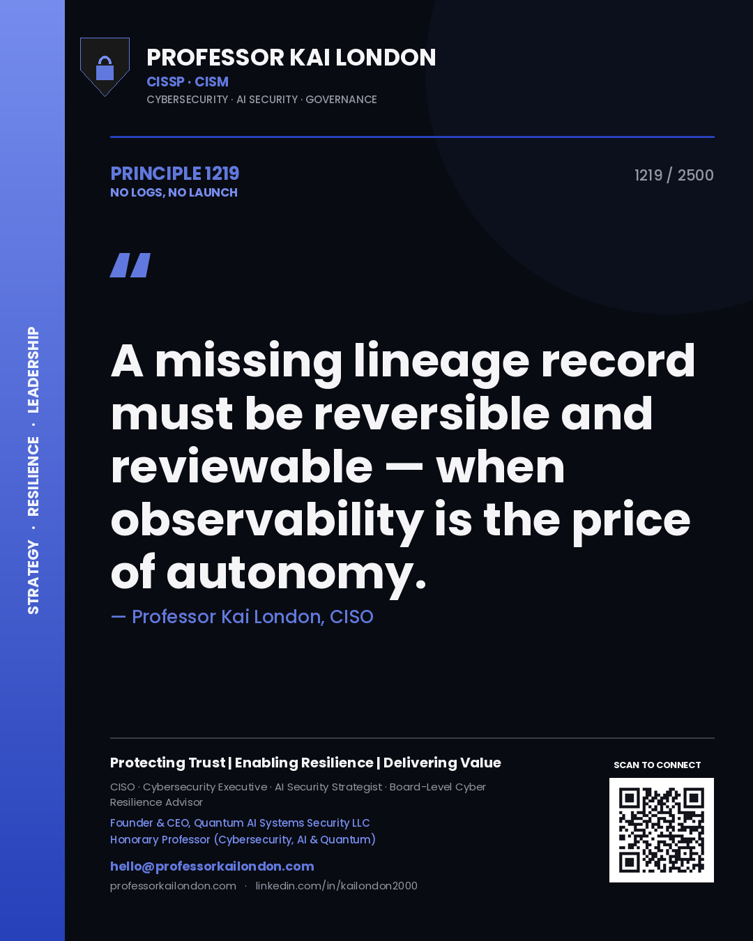 Professor Kai London principle 1219: A missing lineage record must be reversible and reviewable — when observability is the price of autonomy.