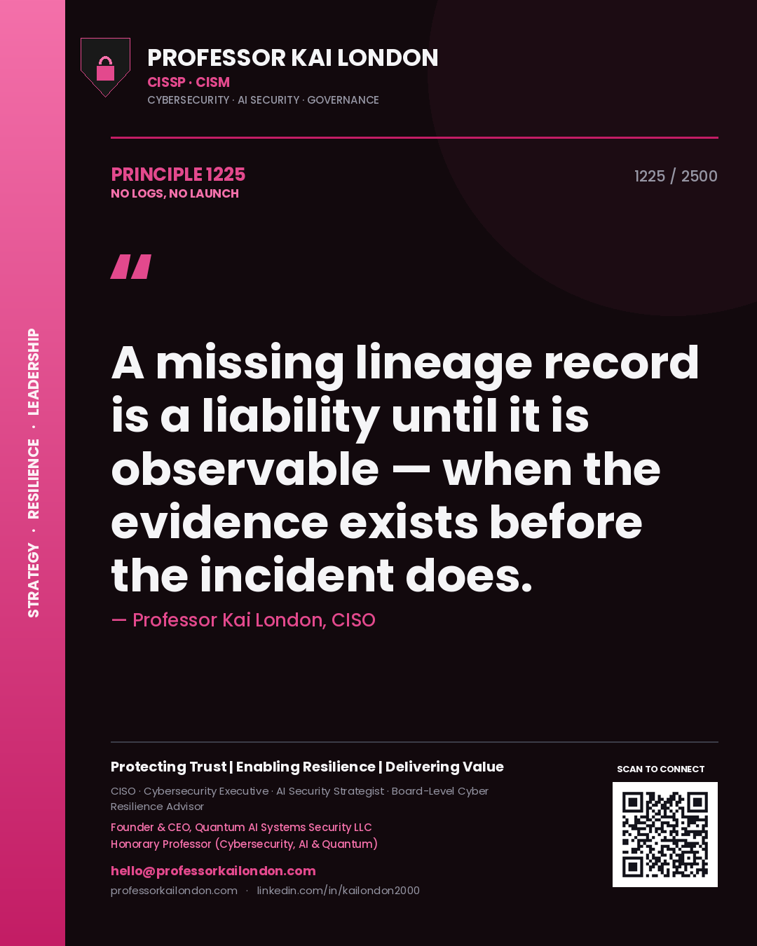 Quote card by Professor Kai London reading 'A missing lineage record is a liability until it is observable — when the evidence exists before the incident does.'. From the book No Logs, No Launch.