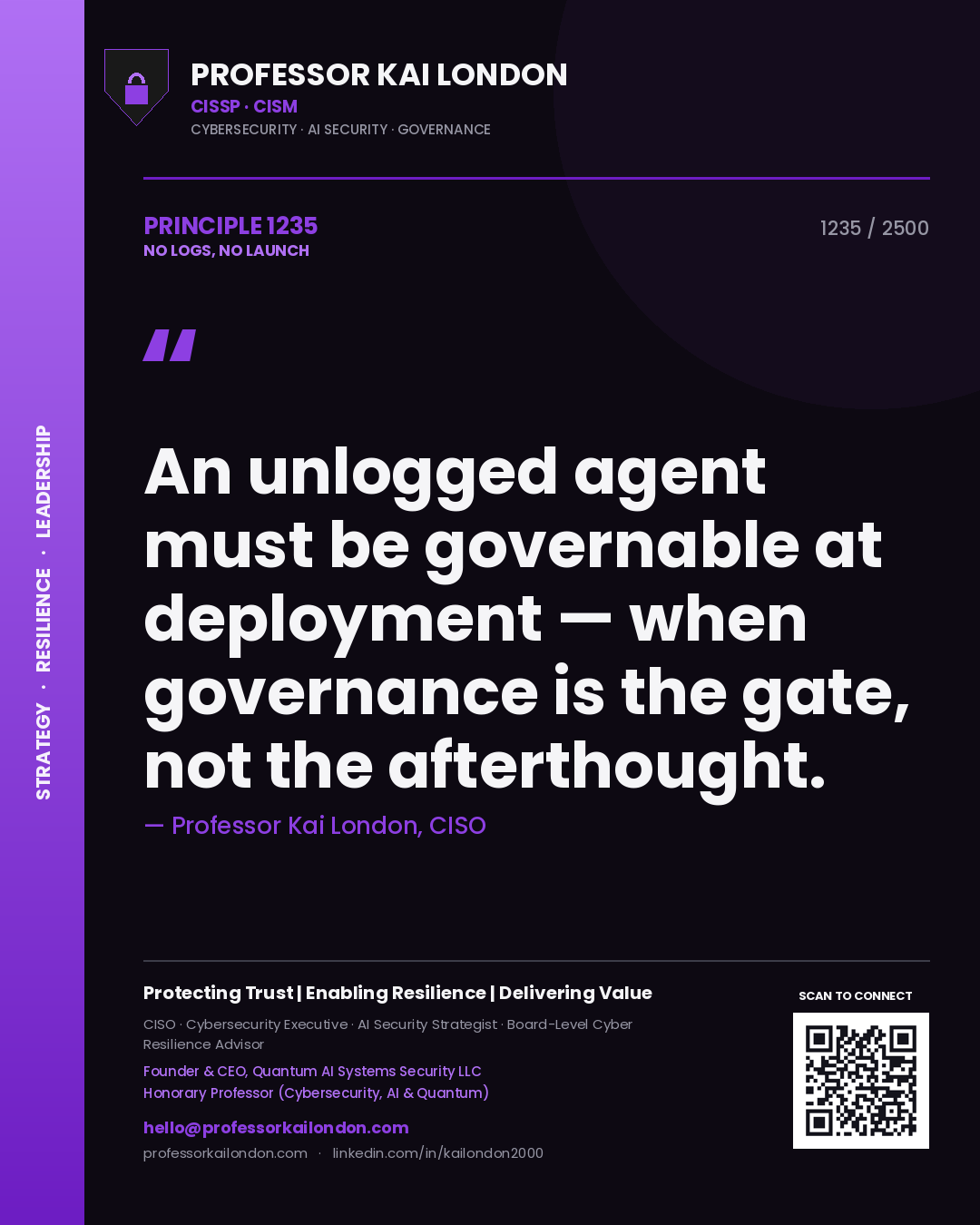 Quote card by Professor Kai London reading 'An unlogged agent must be governable at deployment — when governance is the gate, not the afterthought.'. From the book No Logs, No Launch.