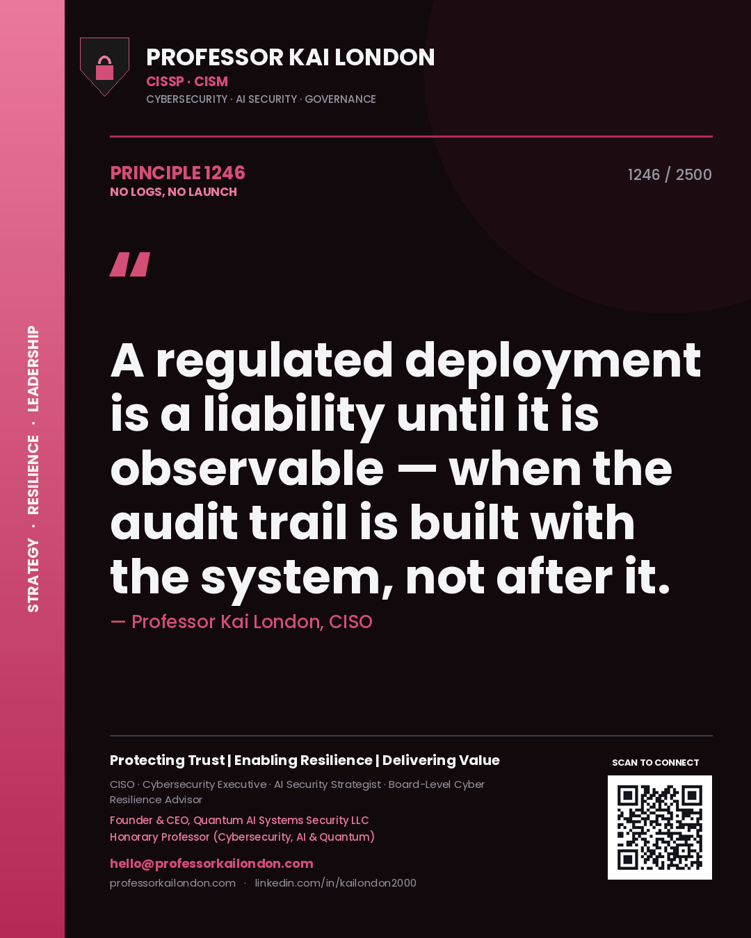 Quote card by Professor Kai London reading 'A regulated deployment is a liability until it is observable — when the audit trail is built with the system, not after it.'. From the book No Logs, No Launch.