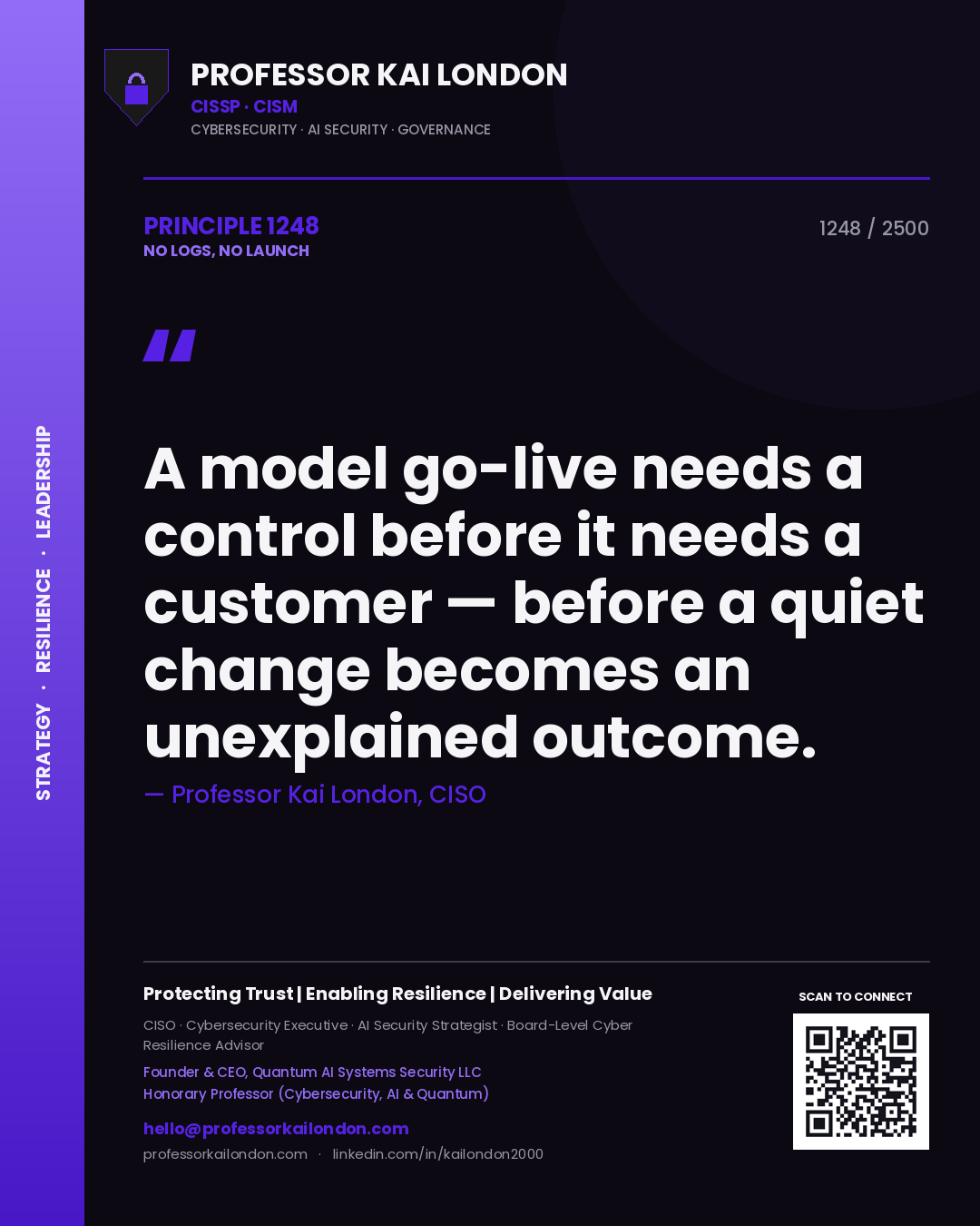 Quote card by Professor Kai London reading 'A model go-live needs a control before it needs a customer — before a quiet change becomes an unexplained outcome.'. From the book No Logs, No Launch.