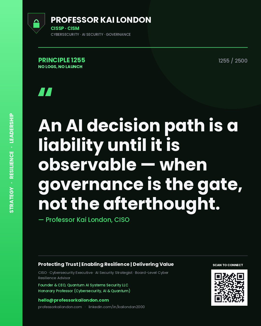 Quote card by Professor Kai London reading 'An AI decision path is a liability until it is observable — when governance is the gate, not the afterthought.'. From the book No Logs, No Launch.