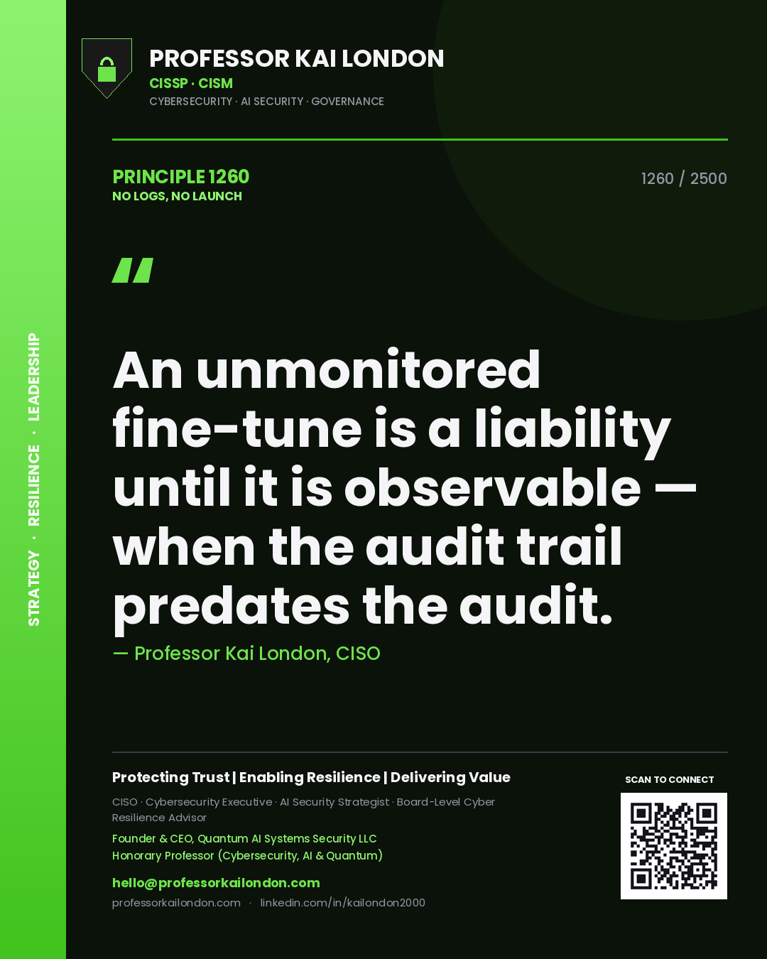 Quote card by Professor Kai London reading 'An unmonitored fine-tune is a liability until it is observable — when the audit trail predates the audit.'. From the book No Logs, No Launch.
