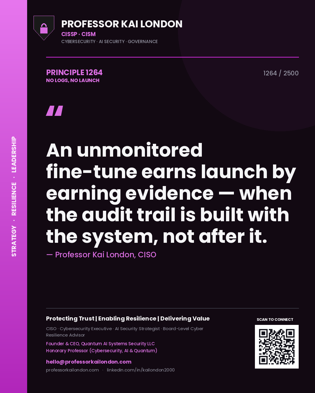 Quote card by Professor Kai London reading 'An unmonitored fine-tune earns launch by earning evidence — when the audit trail is built with the system, not after it.'. From the book No Logs, No Launch.