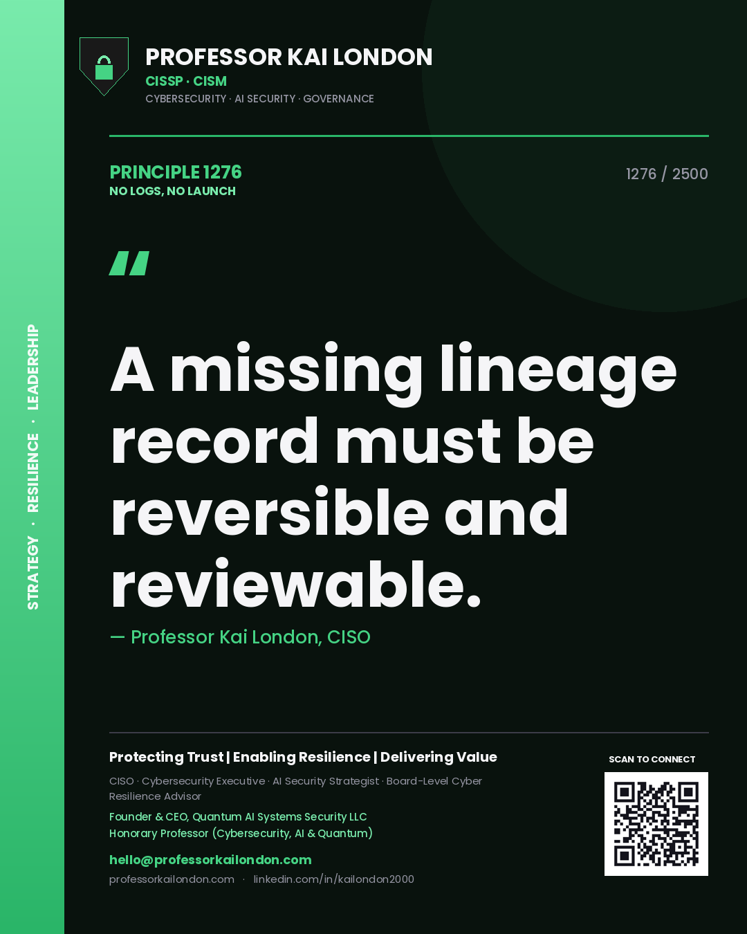 Quote card by Professor Kai London reading 'A missing lineage record must be reversible and reviewable.'. From the book No Logs, No Launch.