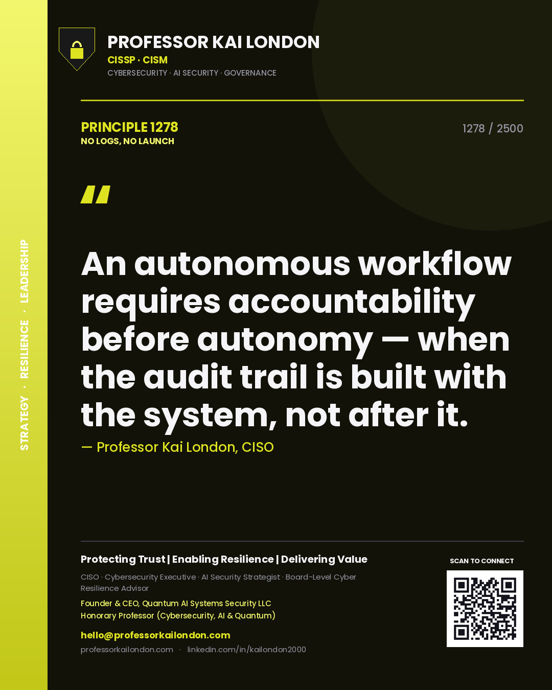 Quote card by Professor Kai London reading 'An autonomous workflow requires accountability before autonomy — when the audit trail is built with the system, not after it.'. From the book No Logs, No Launch.