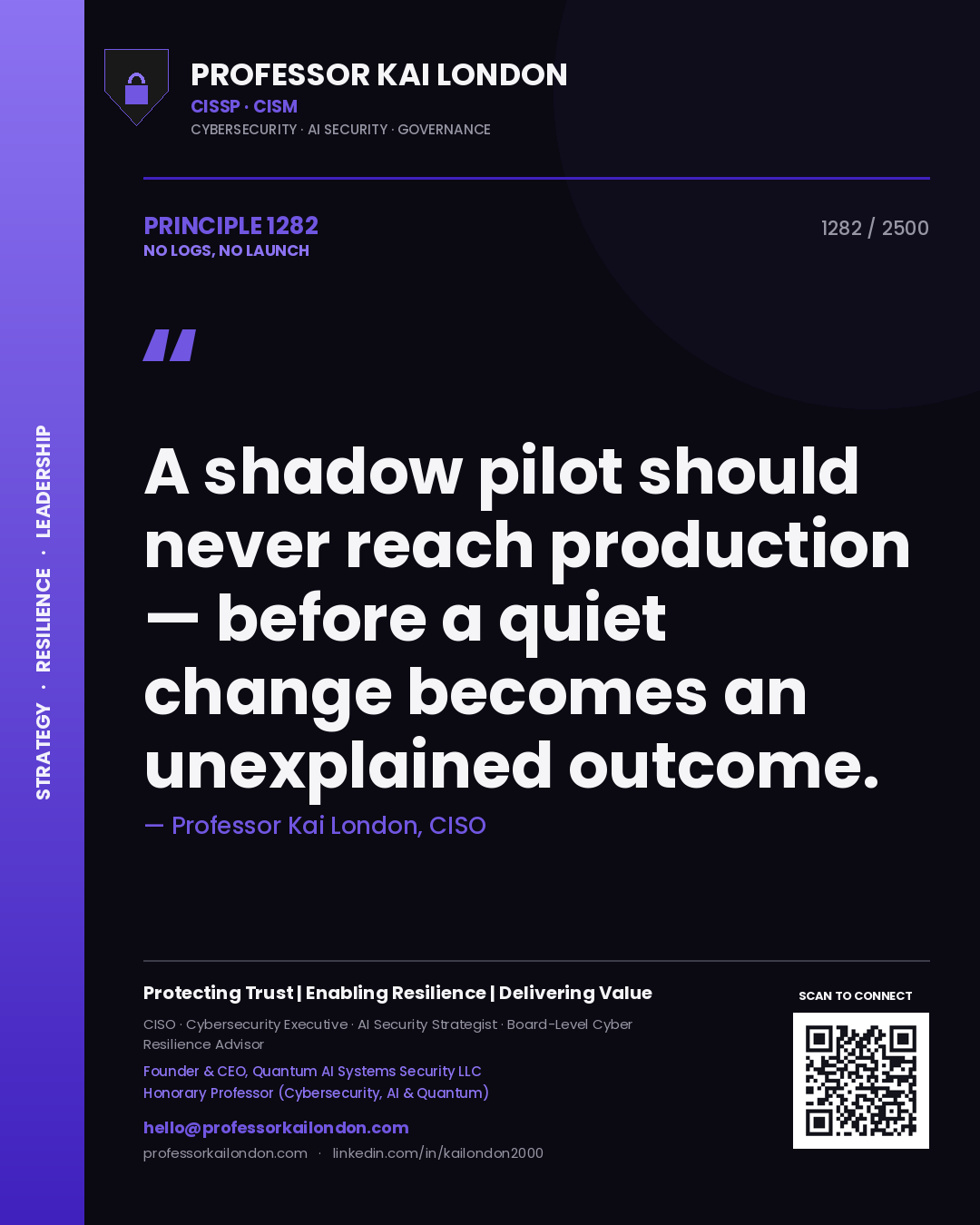 Quote card by Professor Kai London reading 'A shadow pilot should never reach production — before a quiet change becomes an unexplained outcome.'. From the book No Logs, No Launch.
