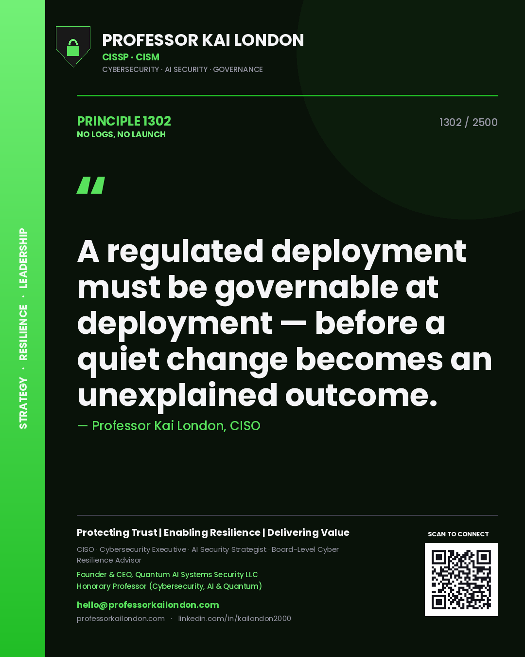 Professor Kai London principle 1302: A regulated deployment must be governable at deployment — before a quiet change becomes an unexplained outcome.