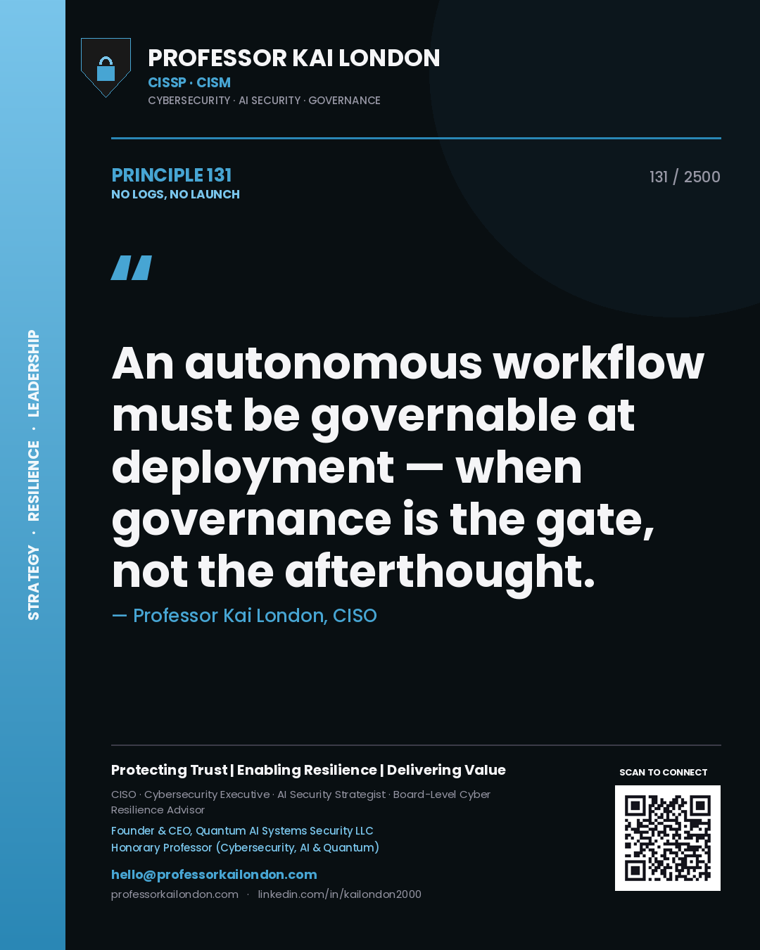 Quote card by Professor Kai London reading 'An autonomous workflow must be governable at deployment — when governance is the gate, not the afterthought.'. From the book No Logs, No Launch.