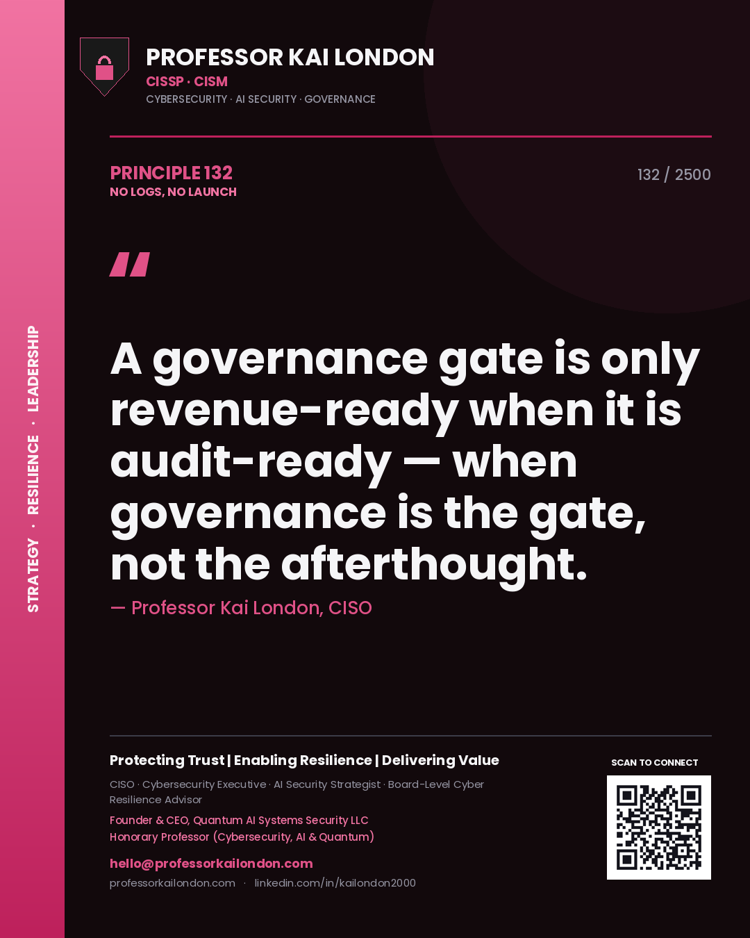 Professor Kai London principle 132: A governance gate is only revenue-ready when it is audit-ready — when governance is the gate, not the afterthought.