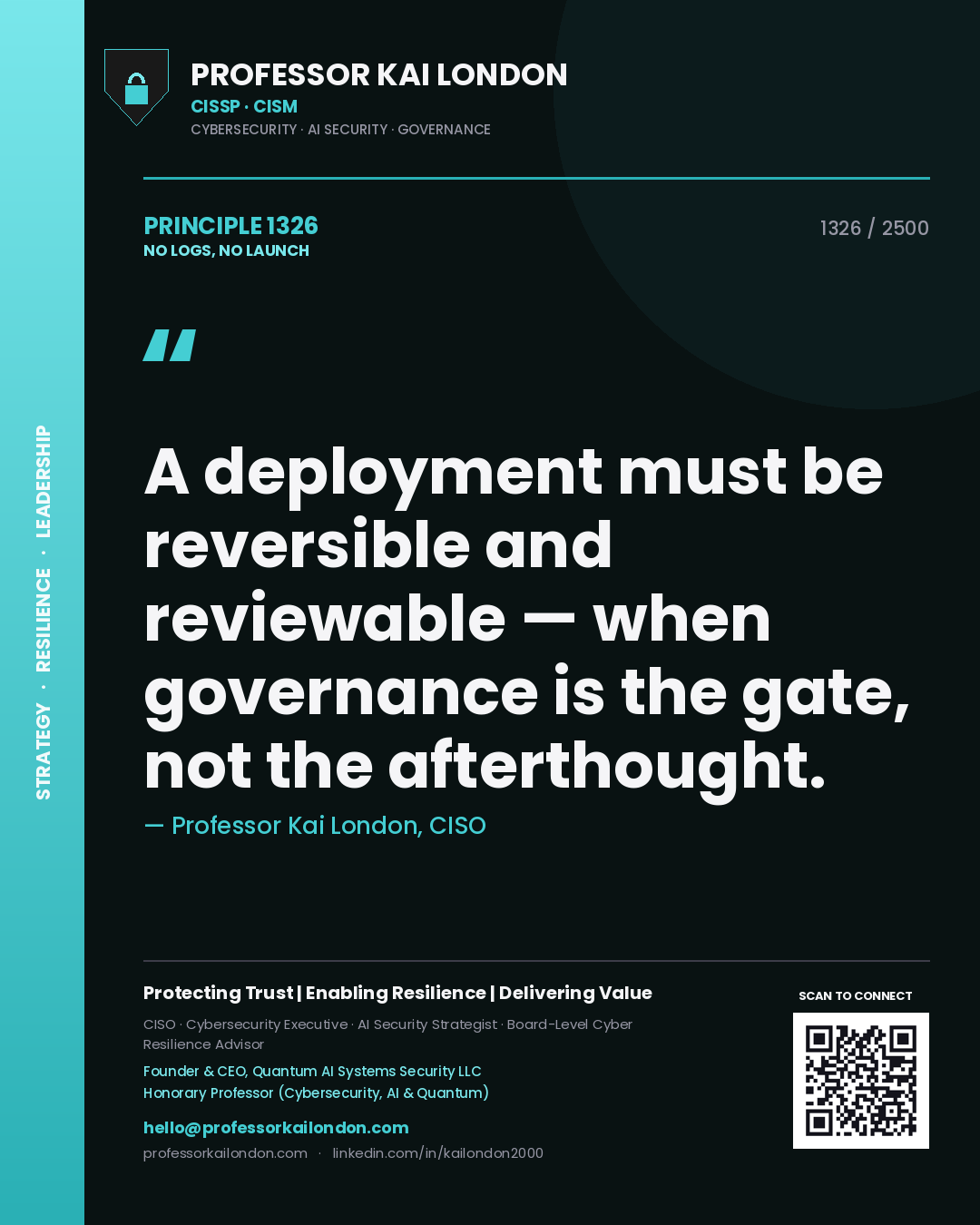 Professor Kai London principle 1326: A deployment must be reversible and reviewable — when governance is the gate, not the afterthought.