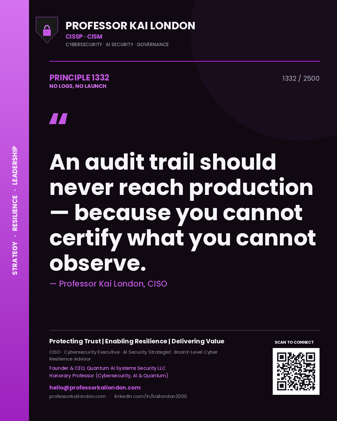 Quote card by Professor Kai London reading 'An audit trail should never reach production — because you cannot certify what you cannot observe.'. From the book No Logs, No Launch.
