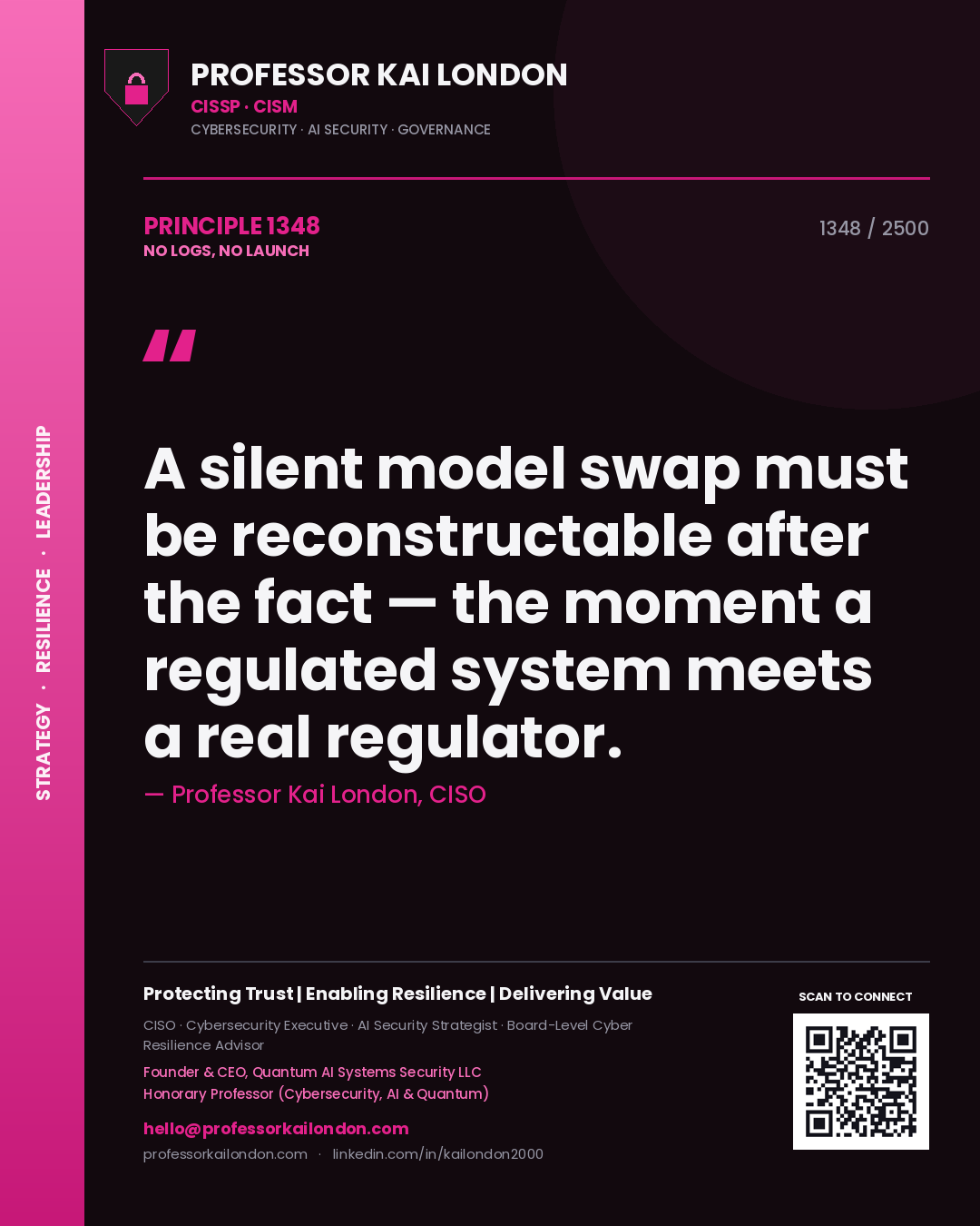 Professor Kai London principle 1348: A silent model swap must be reconstructable after the fact — the moment a regulated system meets a real regulator.