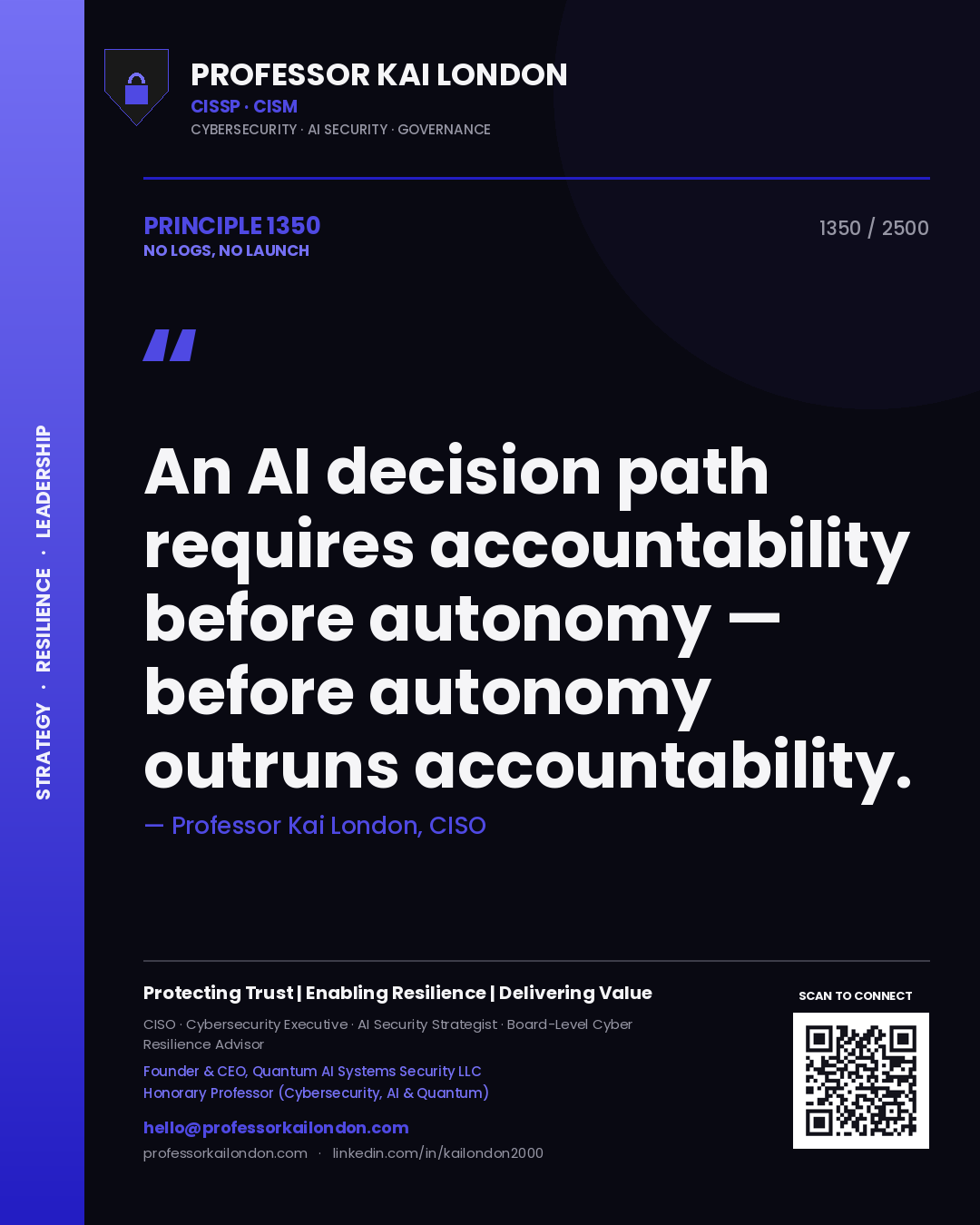 Quote card by Professor Kai London reading 'An AI decision path requires accountability before autonomy — before autonomy outruns accountability.'. From the book No Logs, No Launch.