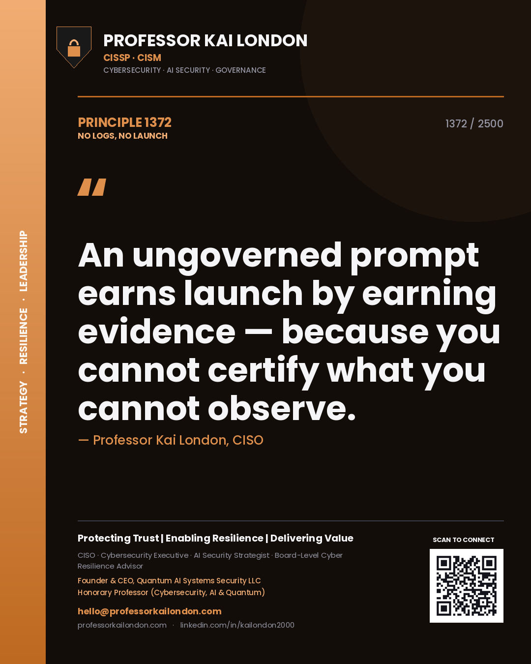Professor Kai London principle 1372: An ungoverned prompt earns launch by earning evidence — because you cannot certify what you cannot observe.