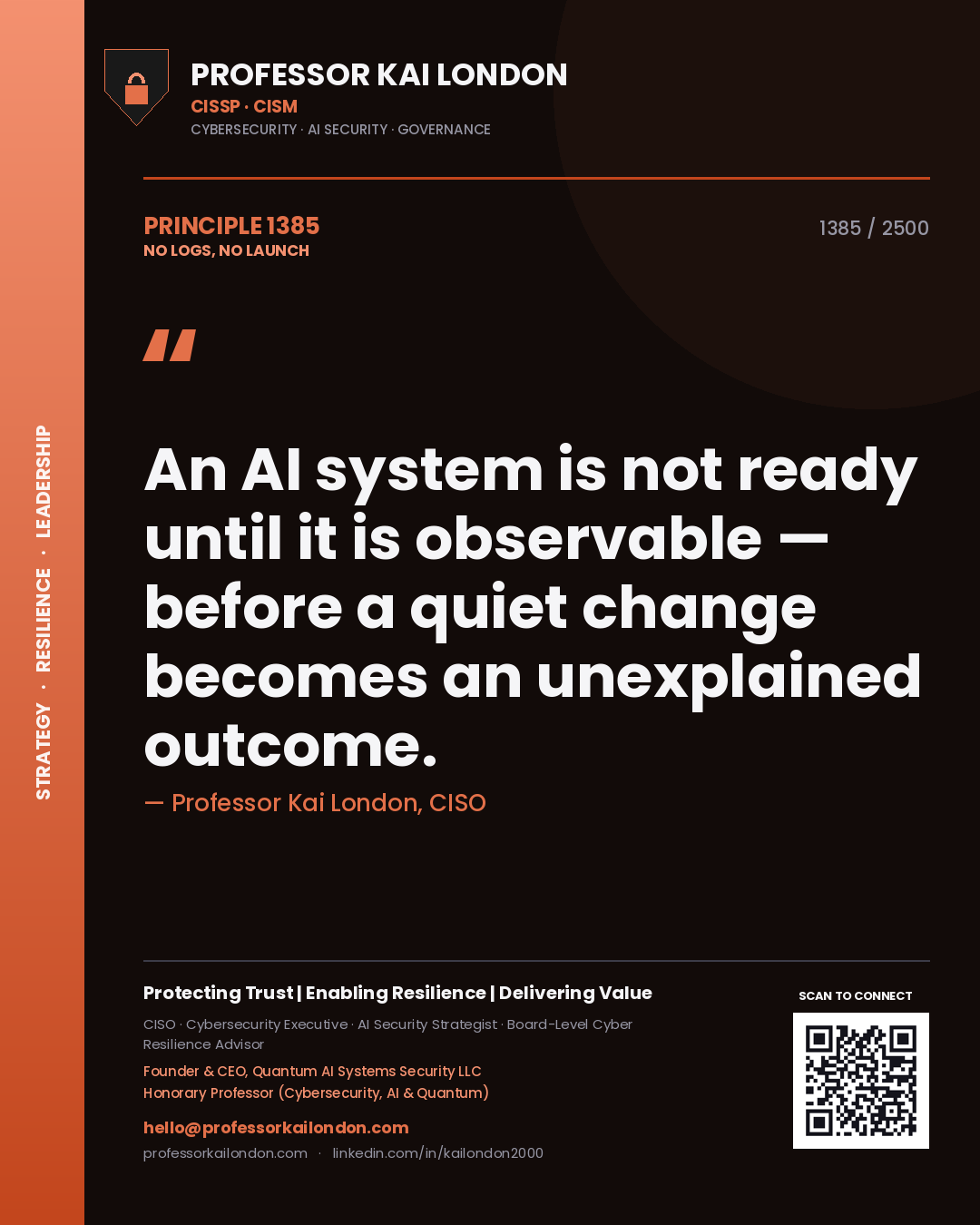 Quote card by Professor Kai London reading 'An AI system is not ready until it is observable — before a quiet change becomes an unexplained outcome.'. From the book No Logs, No Launch.