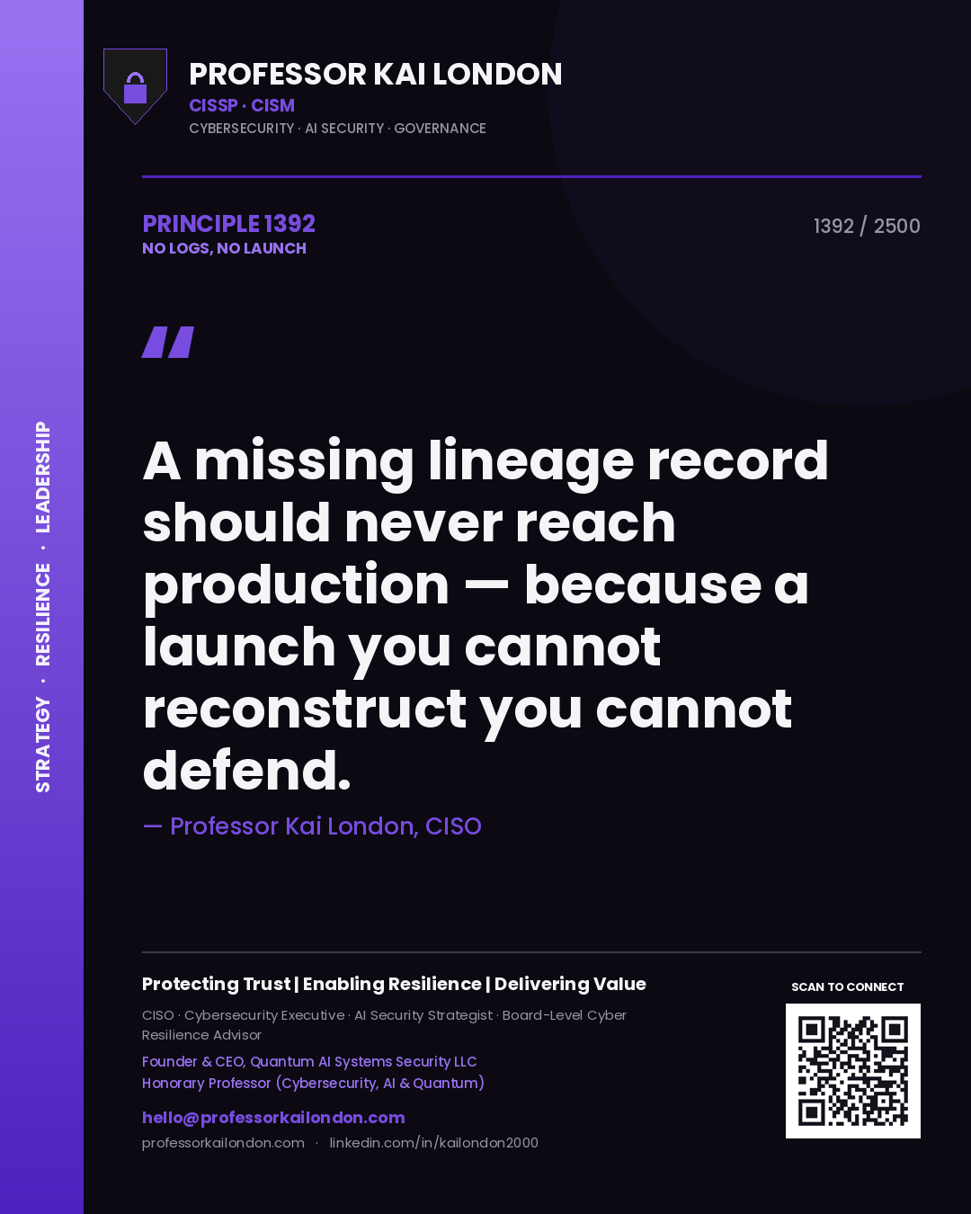Quote card by Professor Kai London reading 'A missing lineage record should never reach production — because a launch you cannot reconstruct you cannot defend.'. From the book No Logs, No Launch.