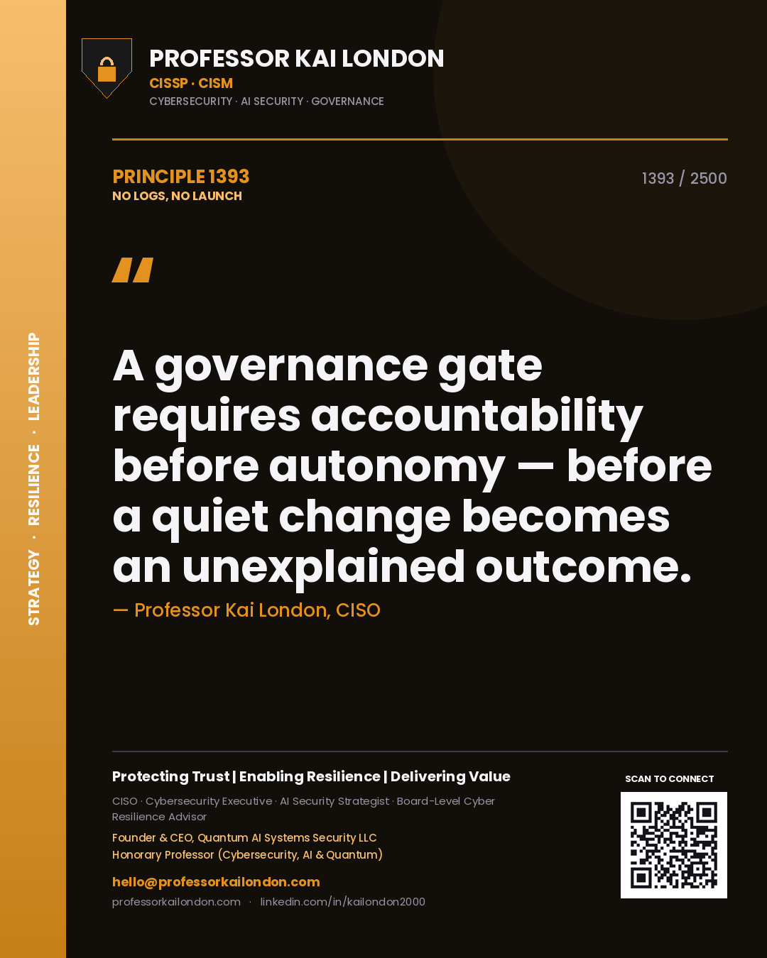 Quote card by Professor Kai London reading 'A governance gate requires accountability before autonomy — before a quiet change becomes an unexplained outcome.'. From the book No Logs, No Launch.