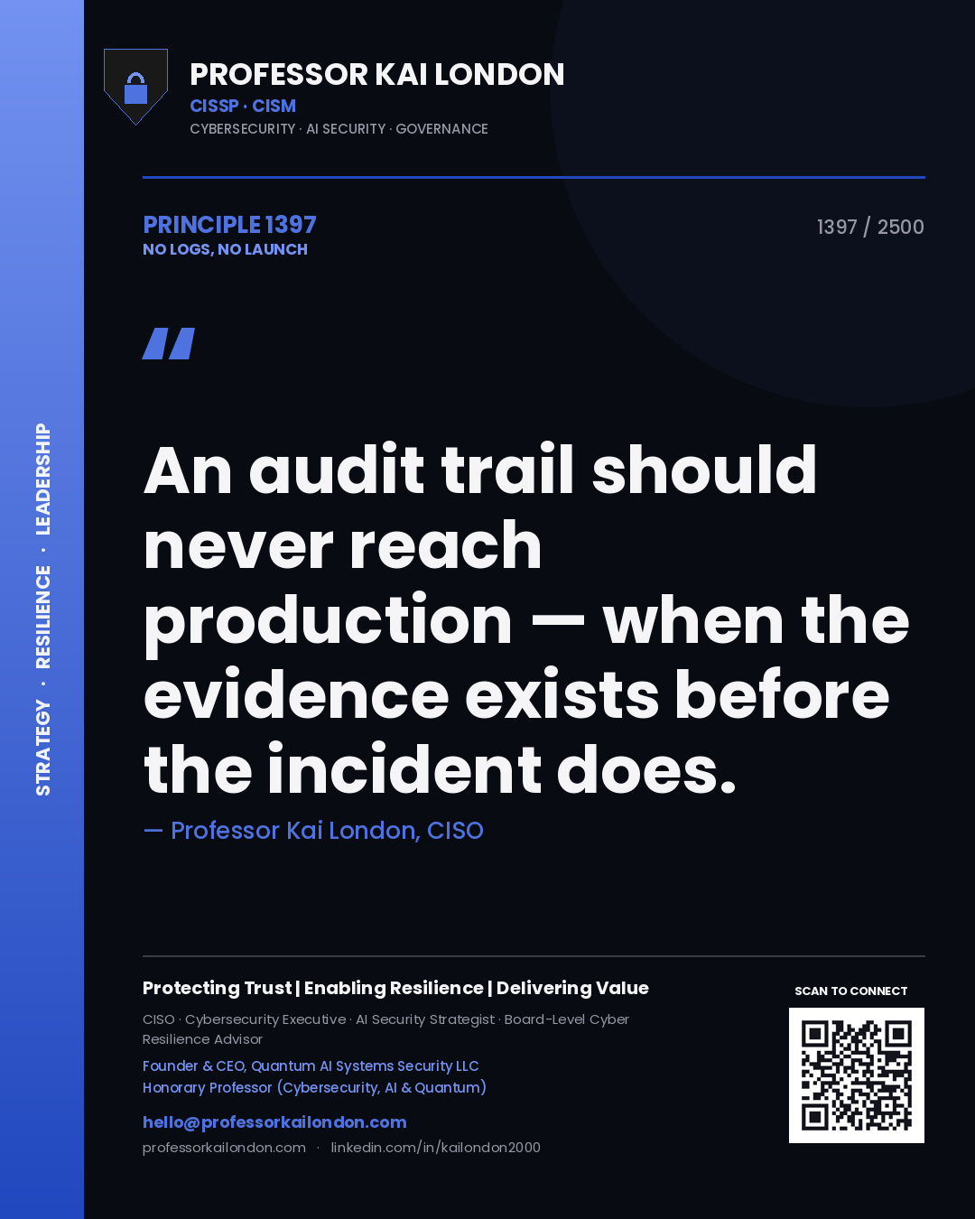 Professor Kai London principle 1397: An audit trail should never reach production — when the evidence exists before the incident does.