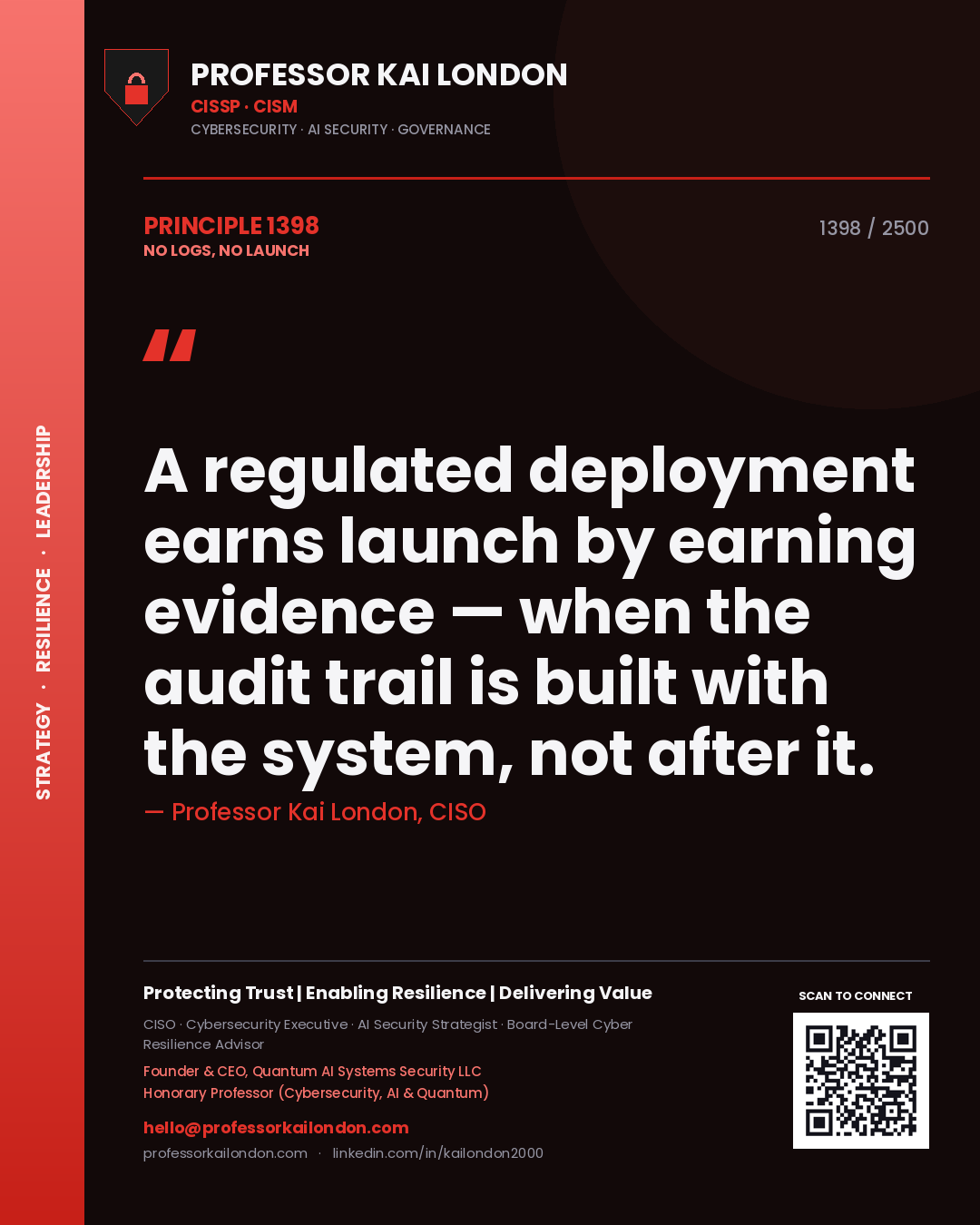 Quote card by Professor Kai London reading 'A regulated deployment earns launch by earning evidence — when the audit trail is built with the system, not after it.'. From the book No Logs, No Launch.