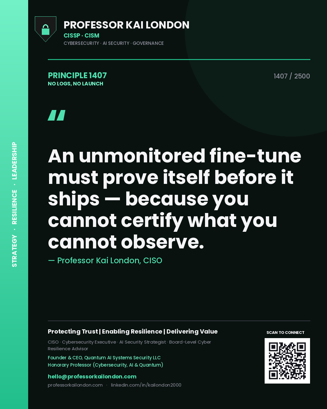 Quote card by Professor Kai London reading 'An unmonitored fine-tune must prove itself before it ships — because you cannot certify what you cannot observe.'. From the book No Logs, No Launch.