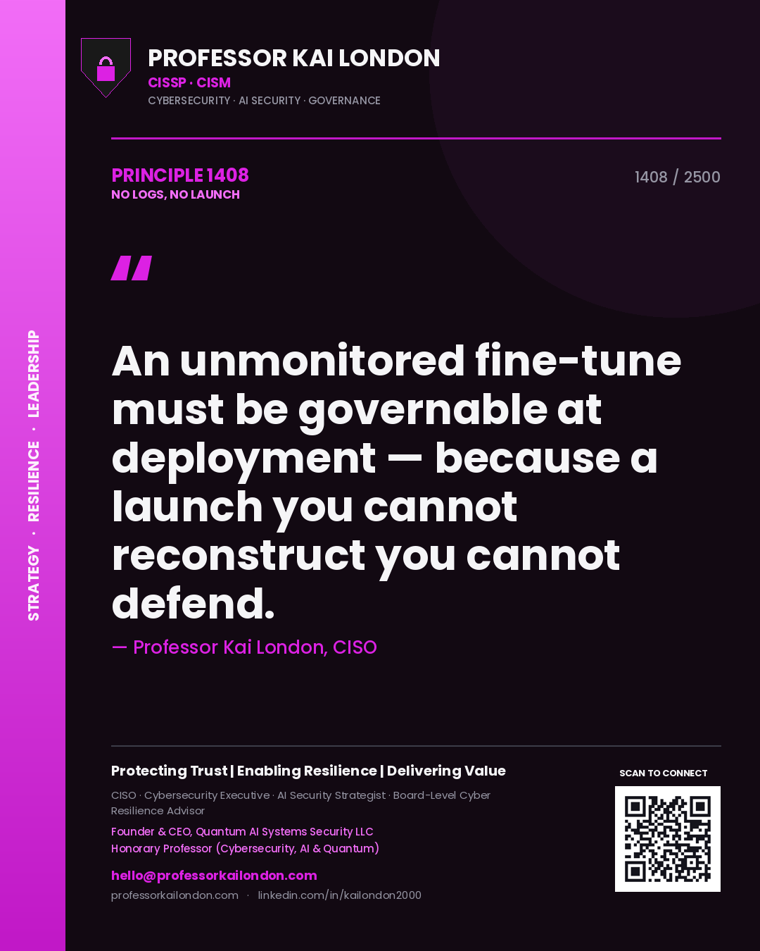 Quote card by Professor Kai London reading 'An unmonitored fine-tune must be governable at deployment — because a launch you cannot reconstruct you cannot defend.'. From the book No Logs, No Launch.