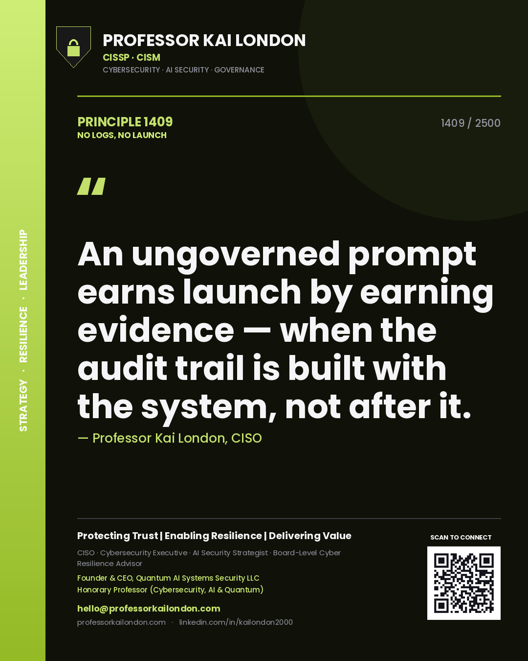 Professor Kai London principle 1409: An ungoverned prompt earns launch by earning evidence — when the audit trail is built with the system, not after it.