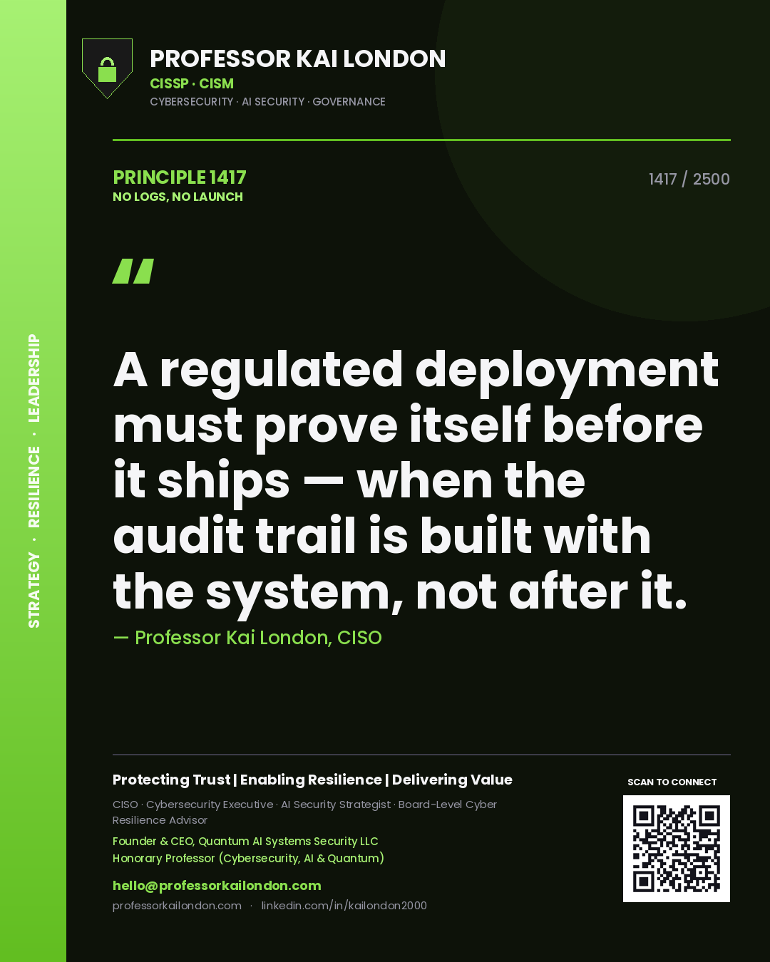 Professor Kai London principle 1417: A regulated deployment must prove itself before it ships — when the audit trail is built with the system, not after it.