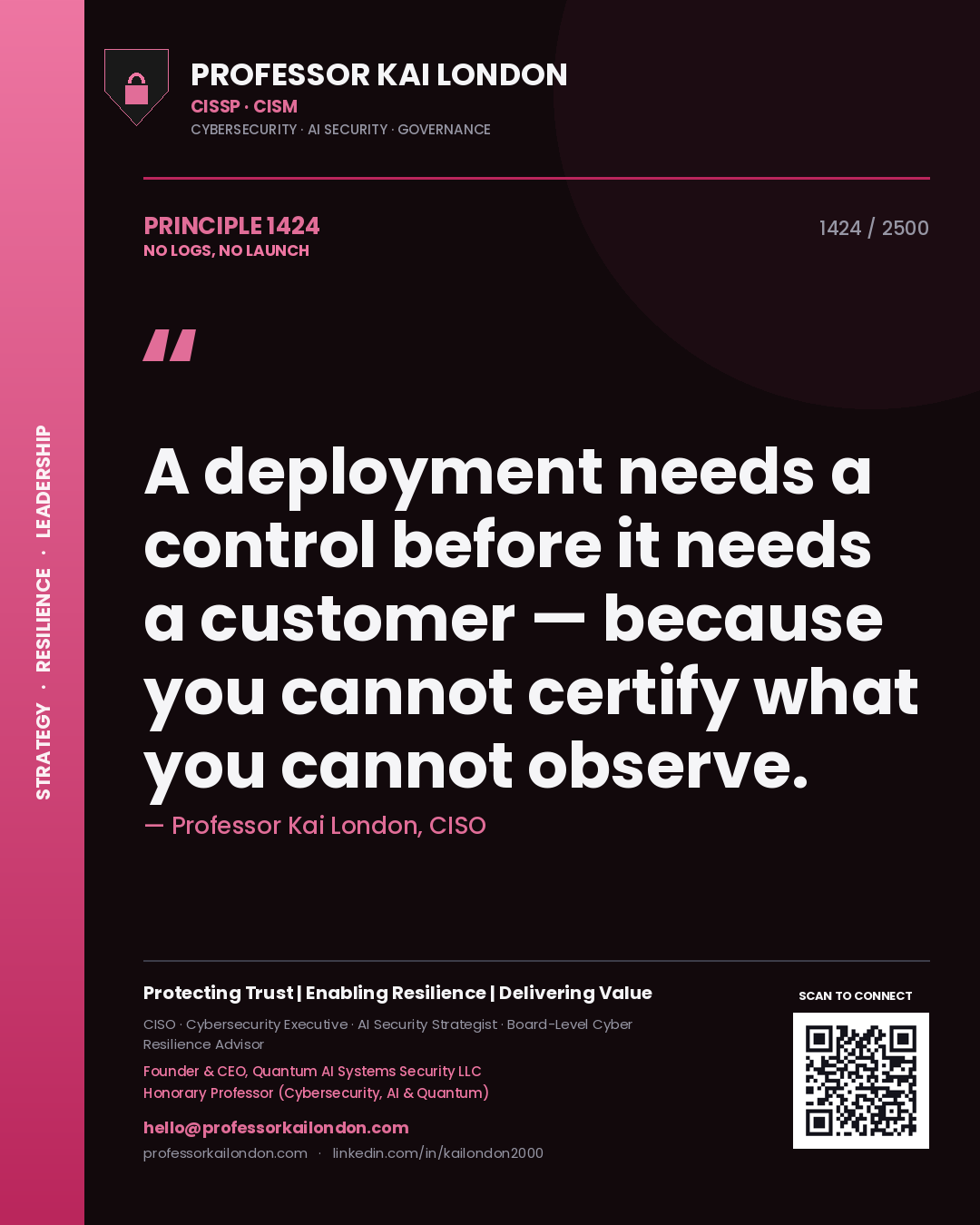 Quote card by Professor Kai London reading 'A deployment needs a control before it needs a customer — because you cannot certify what you cannot observe.'. From the book No Logs, No Launch.