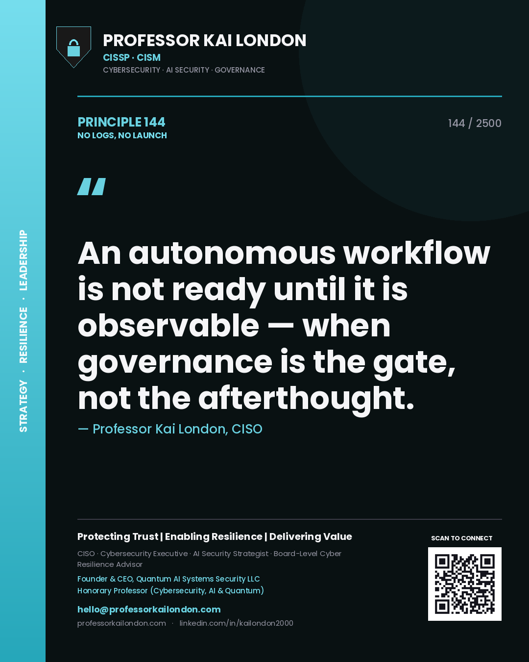 Professor Kai London principle 144: An autonomous workflow is not ready until it is observable — when governance is the gate, not the afterthought.
