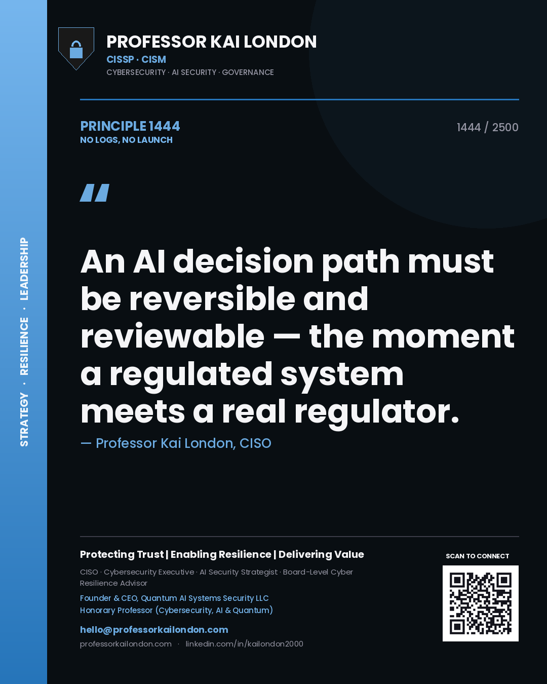 Quote card by Professor Kai London reading 'An AI decision path must be reversible and reviewable — the moment a regulated system meets a real regulator.'. From the book No Logs, No Launch.